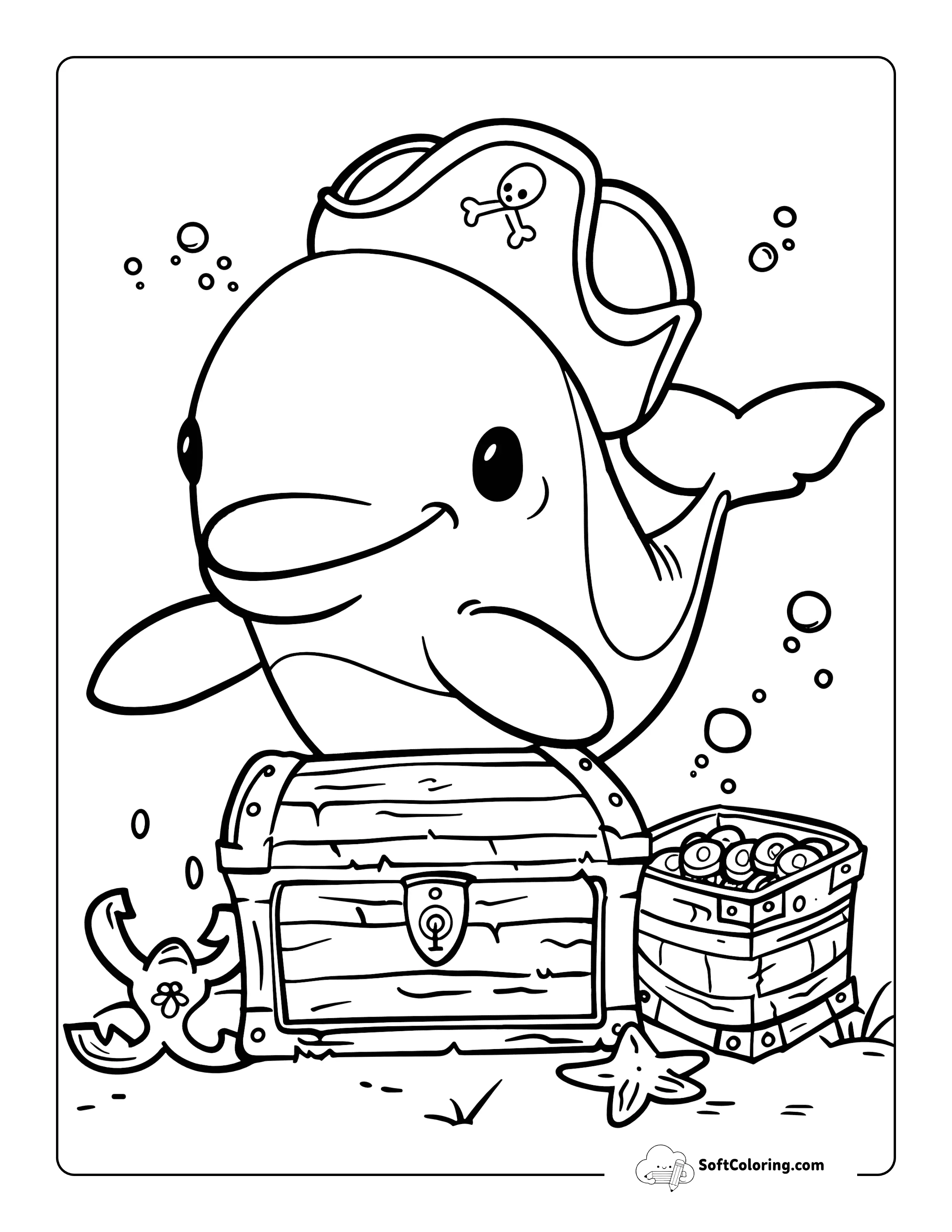 Fun Dolphin With Treasure Chest Printable Coloring Page