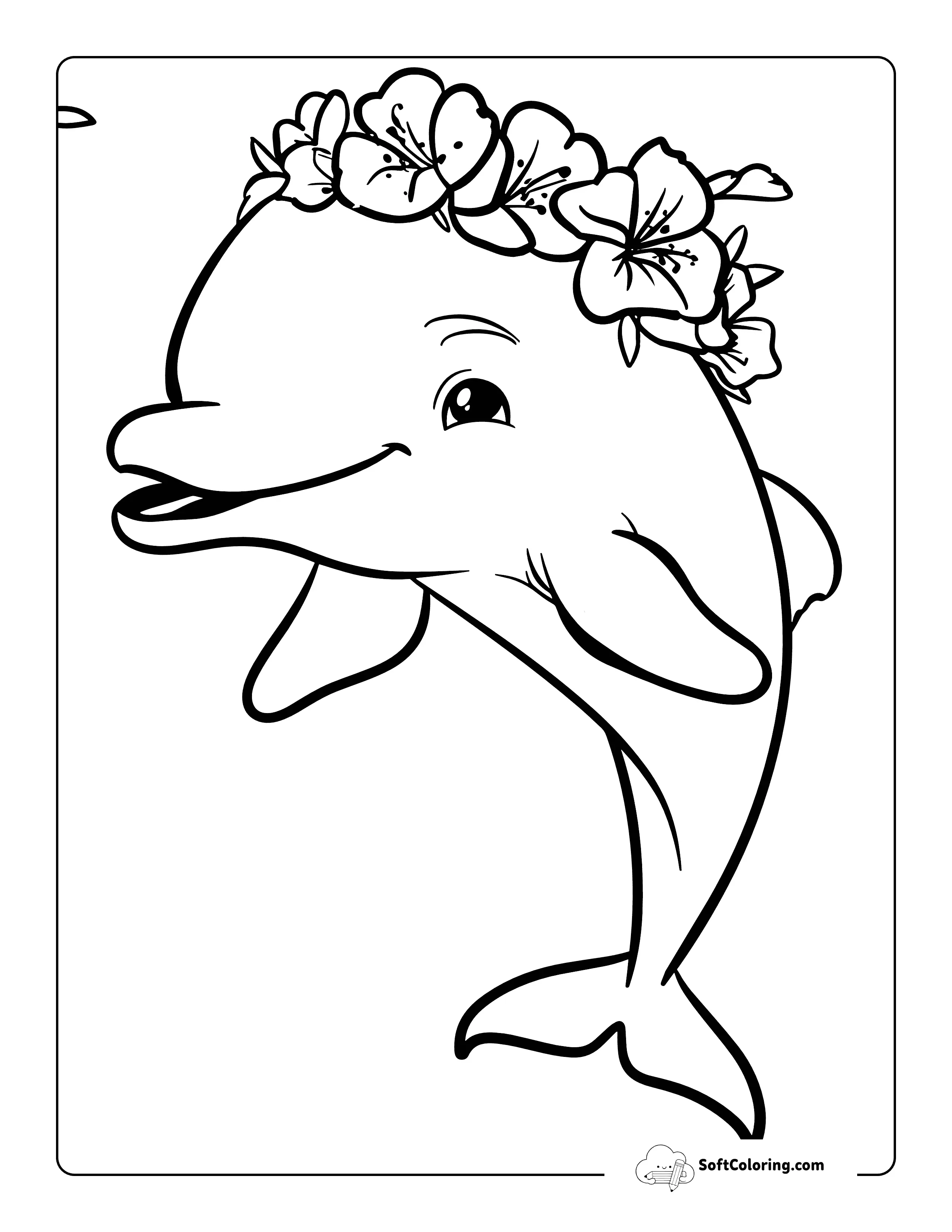 Cute Dolphin With Tropical Flowers Coloring Sheet