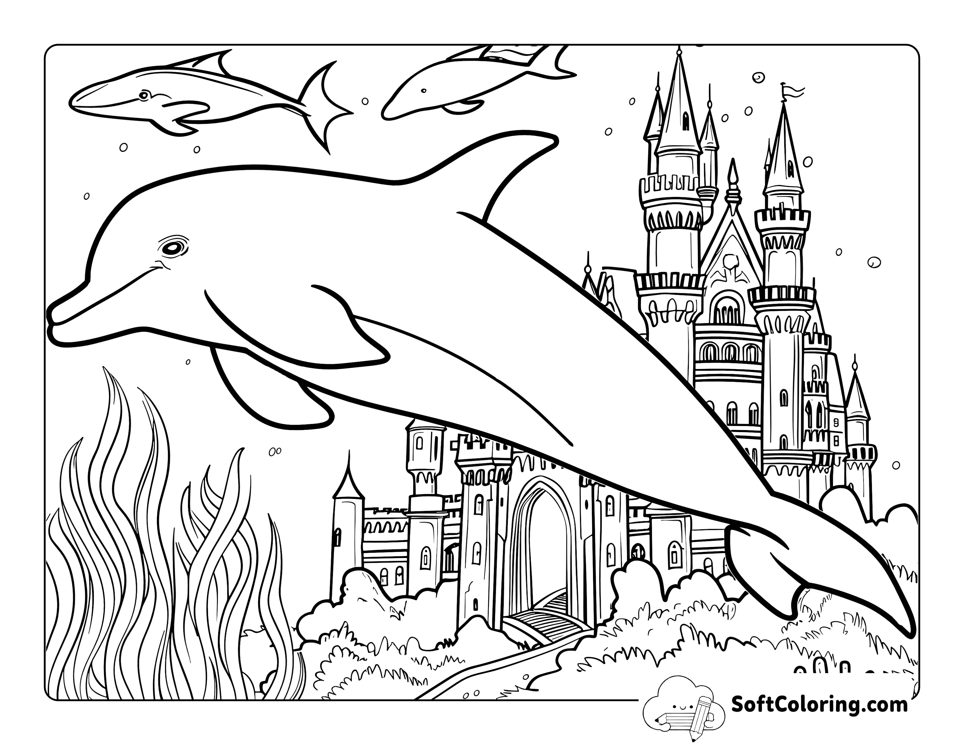 Underwater Dolphin with Castle Coloring Sheet for Adults