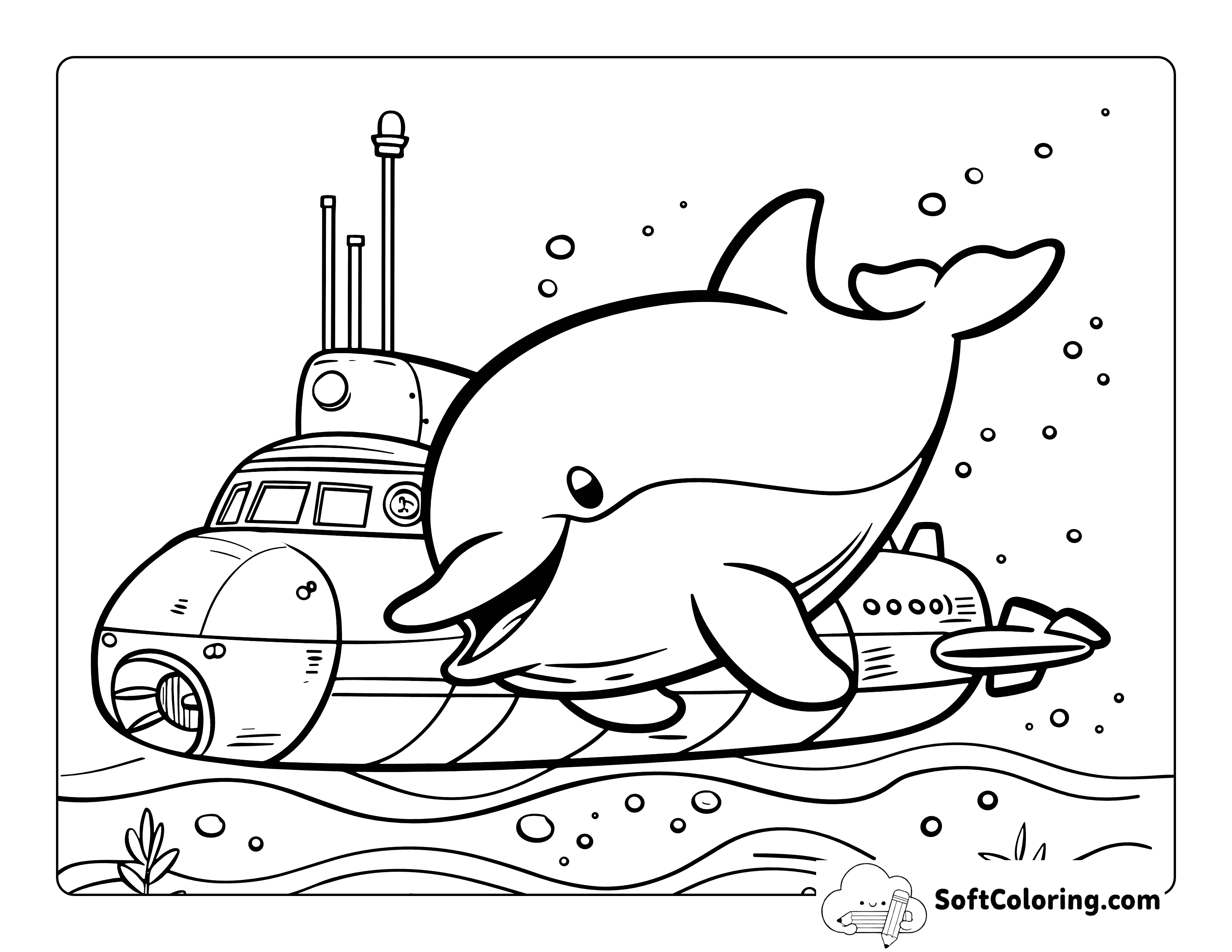 Submarine and Cute Dolphin Coloring Sheet