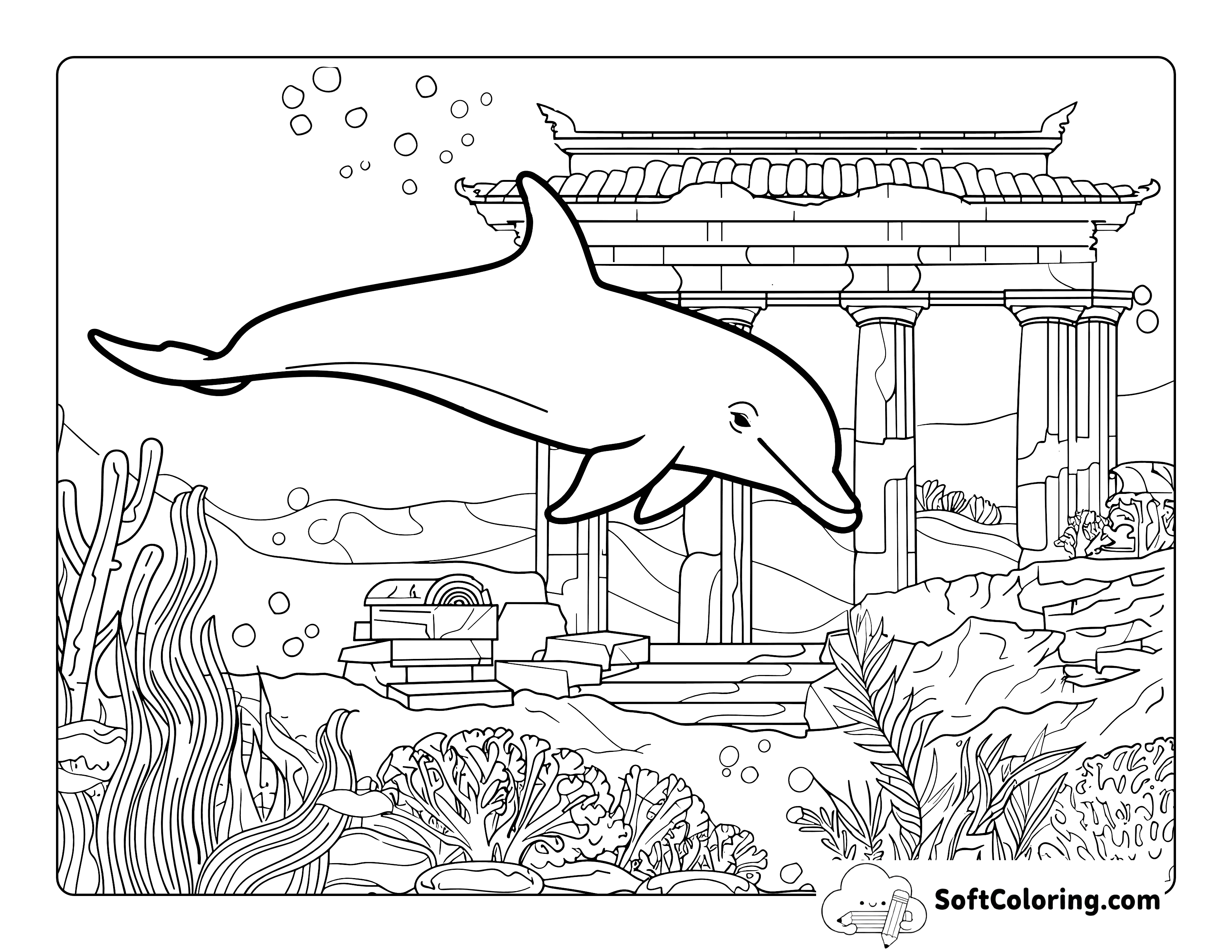 Ancient Ruins Realistic Dolphin Coloring Page for Adults