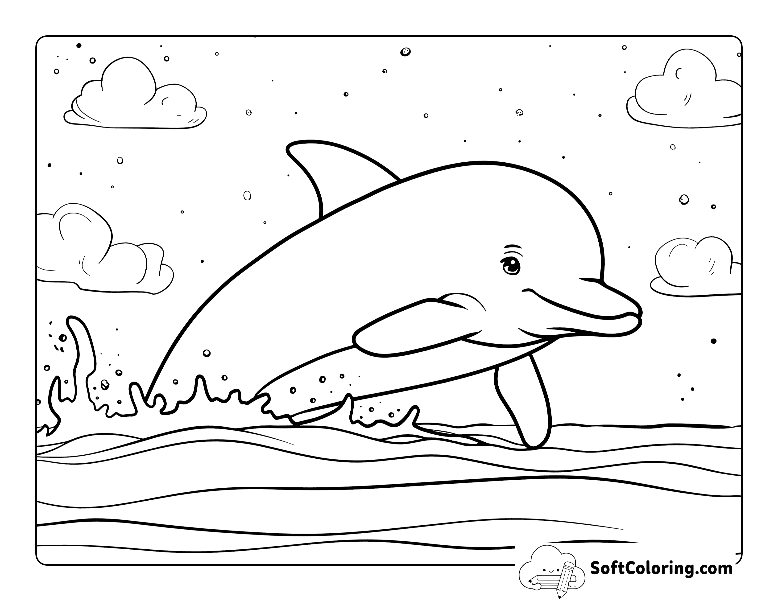 Pretty Ocean Surface Dolphin Printable to Color