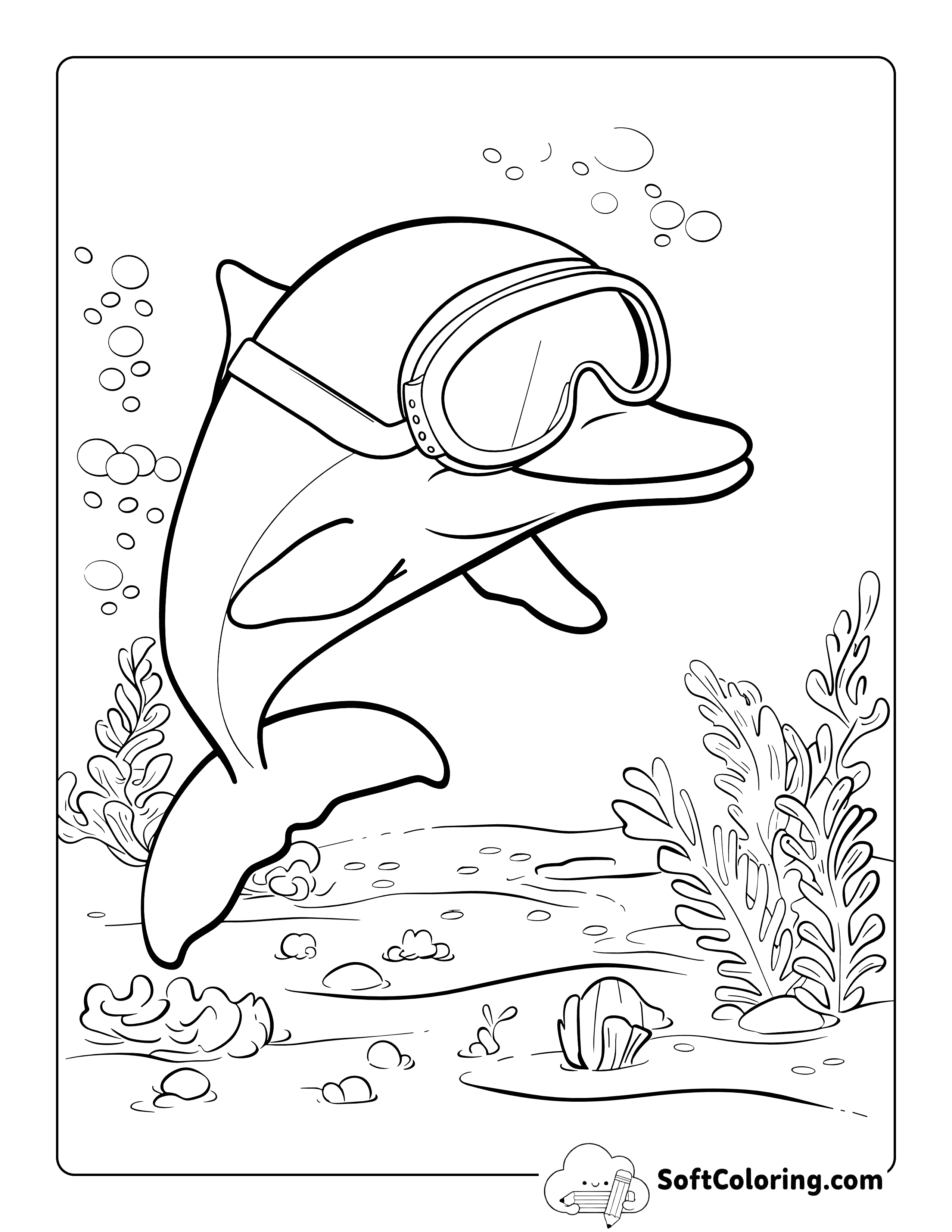 Diving Cartoon Dolphin COloring Sheet for Teens and Adults