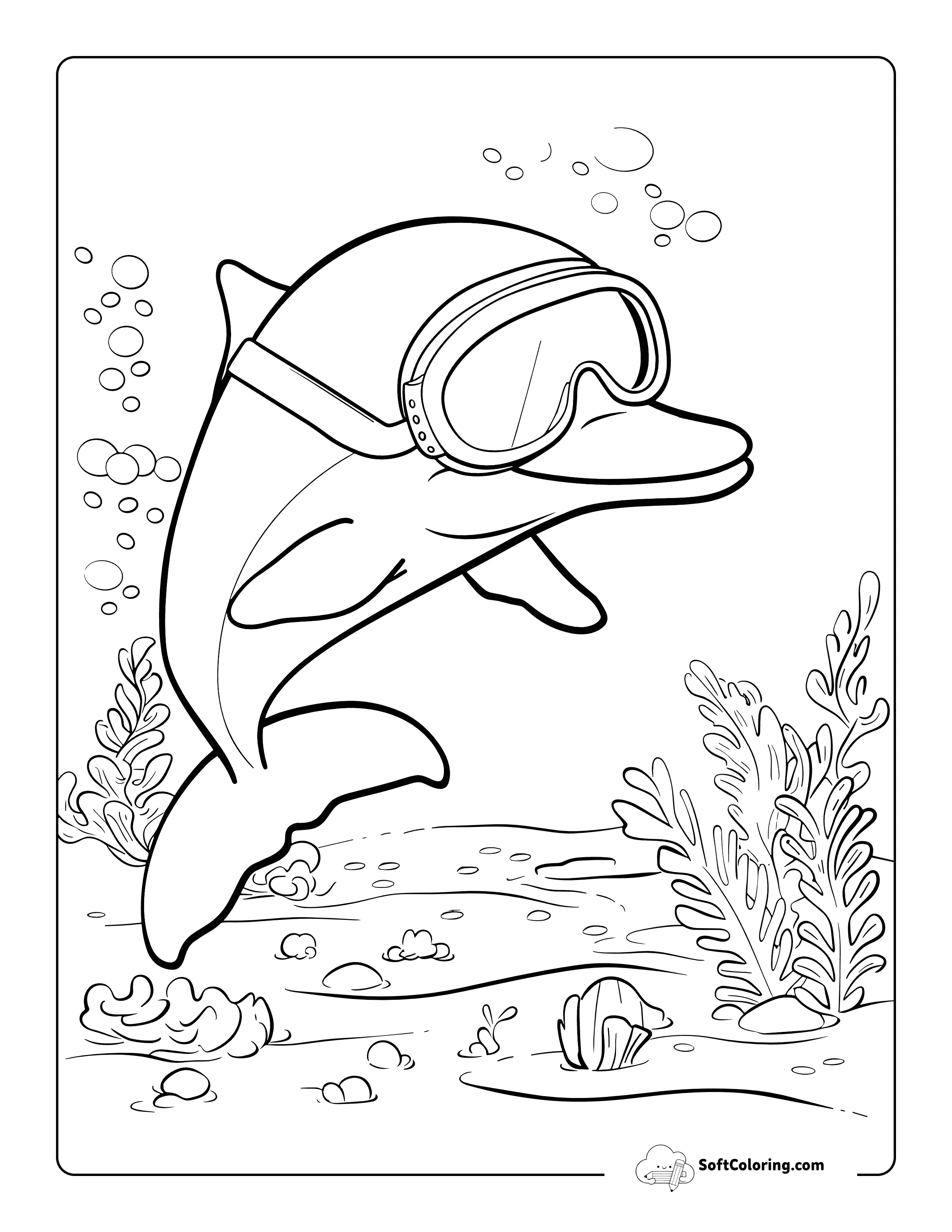 Diving Cartoon Dolphin Coloring Sheet For Teens And Adults