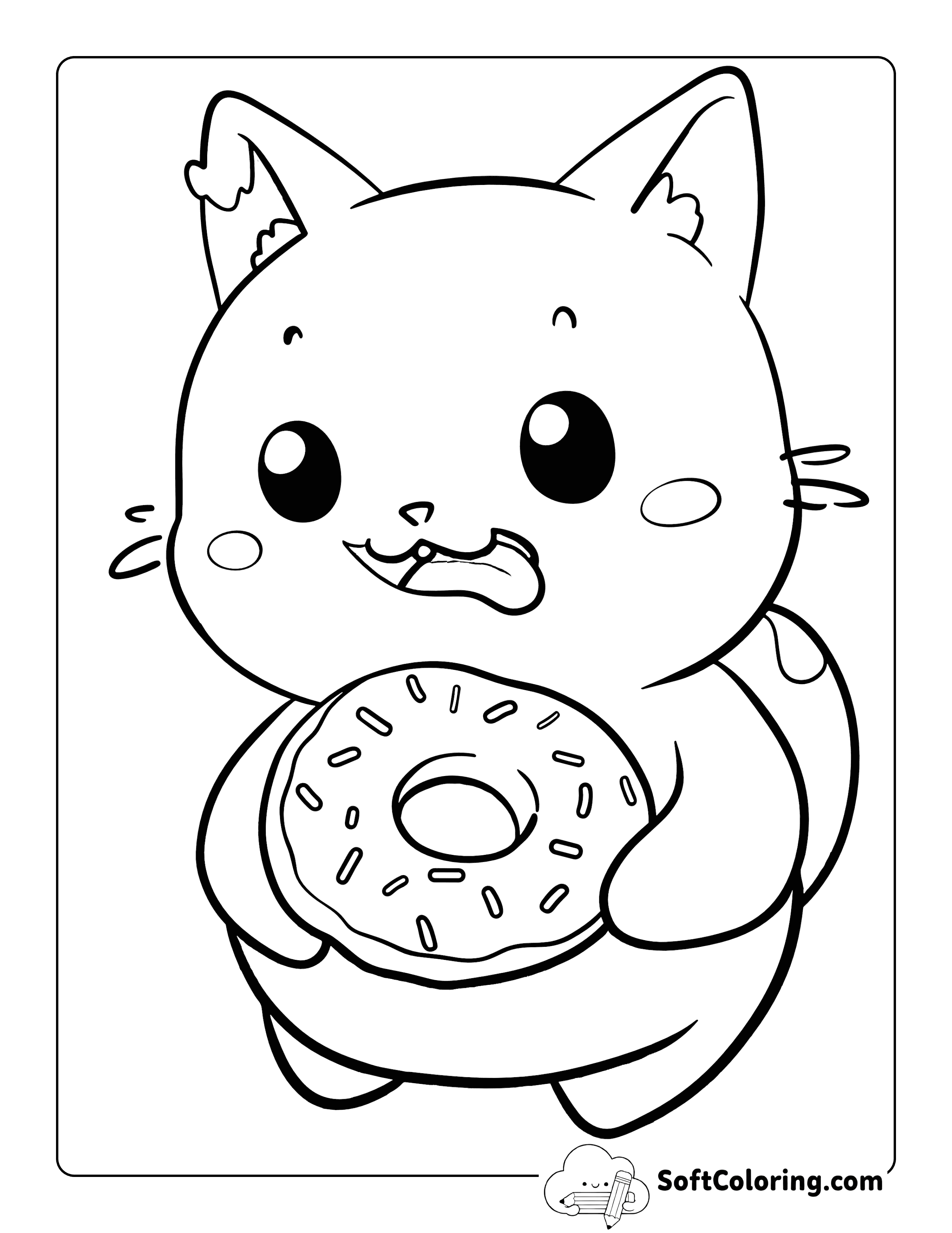 Cute Cat Eating Donut Coloring Page Cartoon