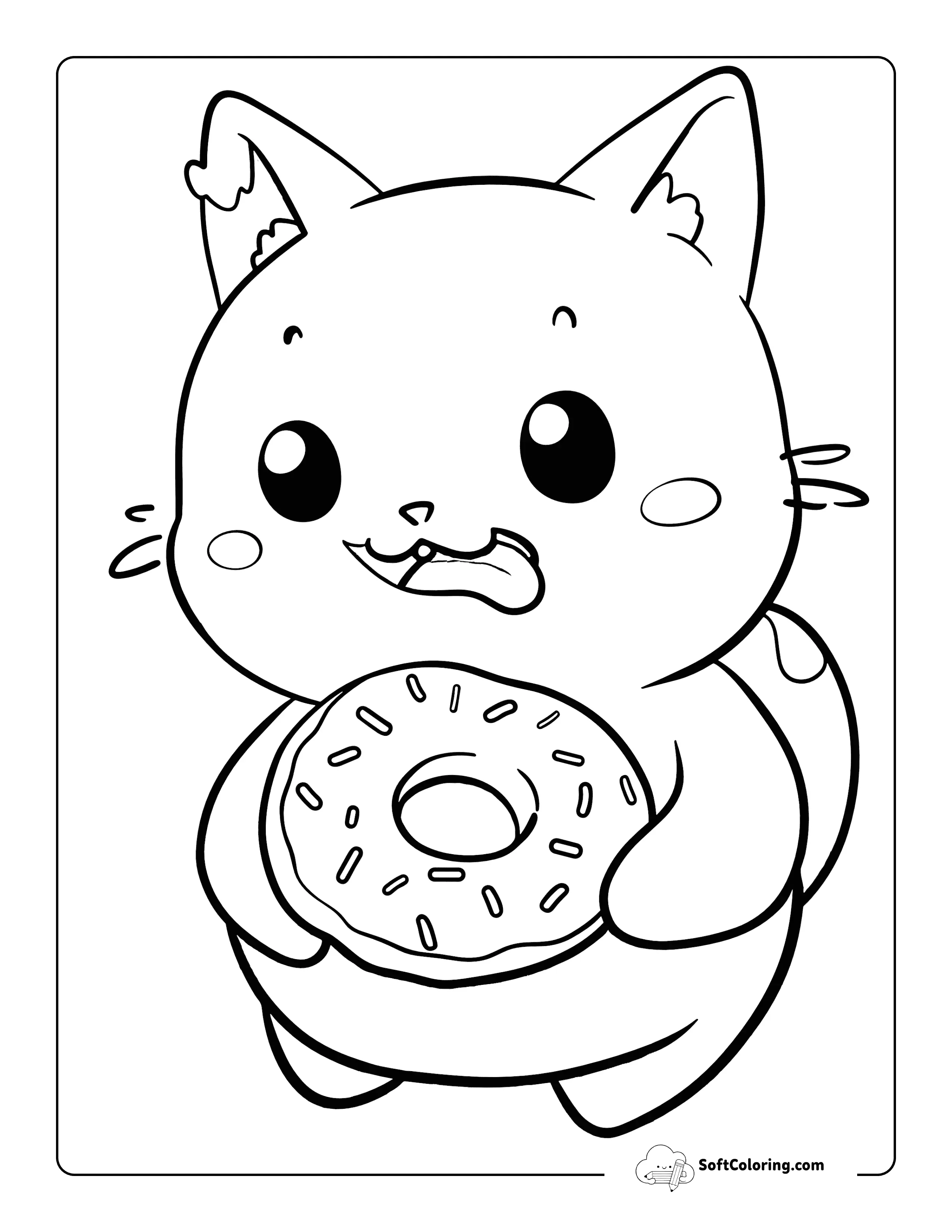 Kawaii Cat Eating Donut Coloring Page Cartoon