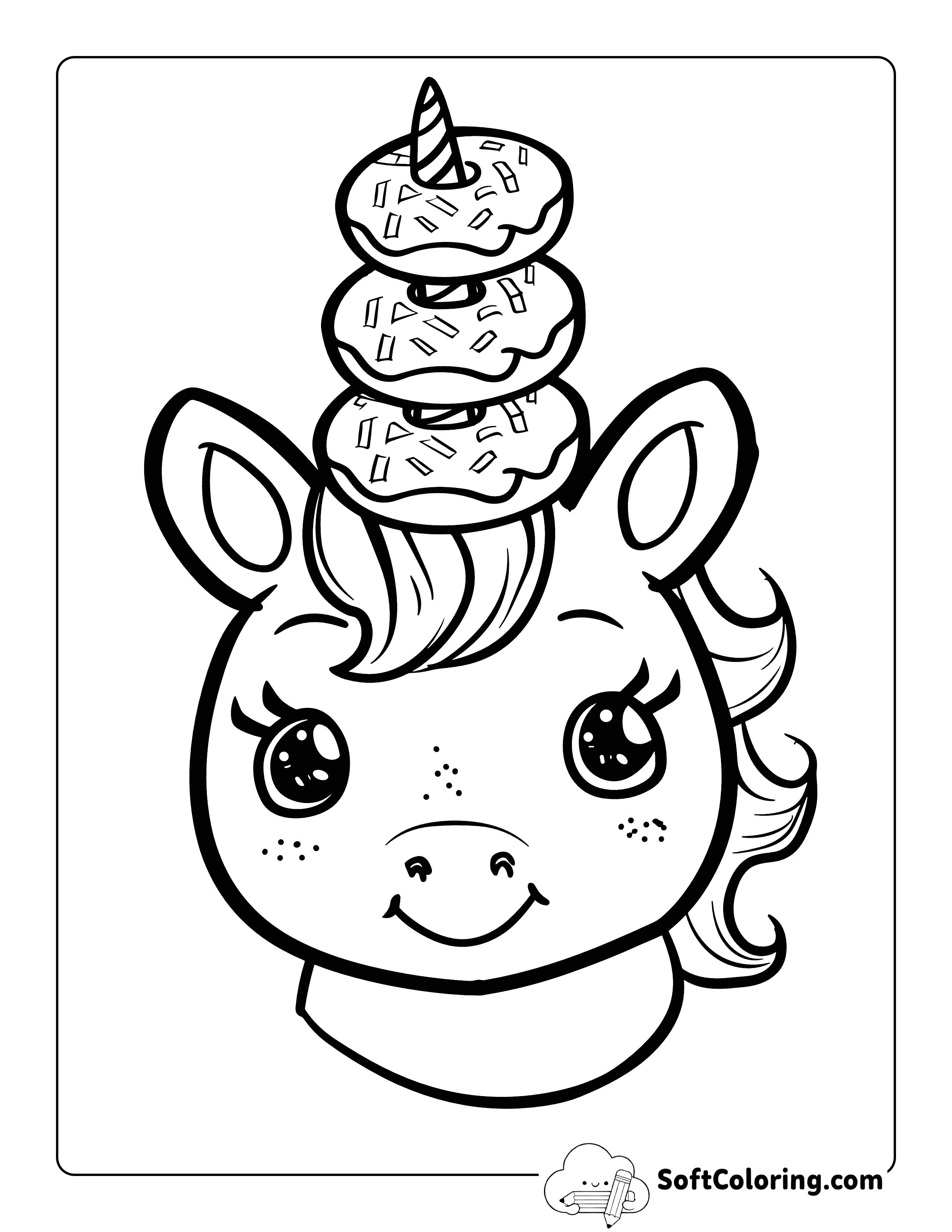 Pretty Unicorn with Donuts Coloring Page