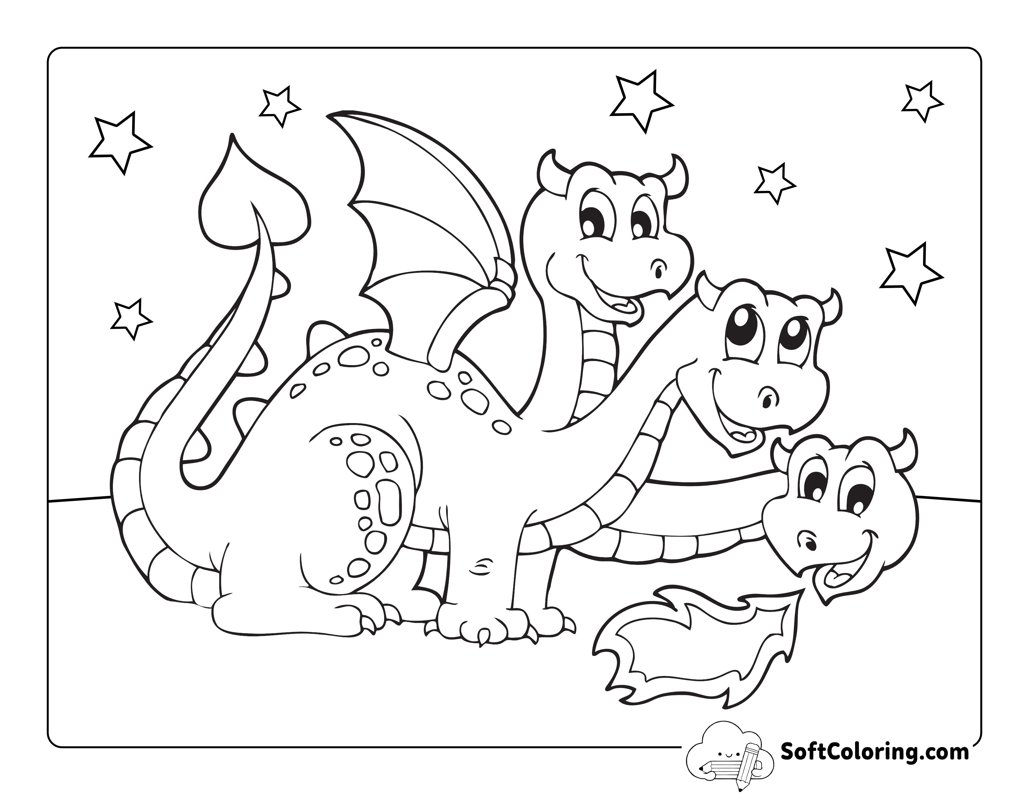 Three-headed Dragon Cartoon to Color