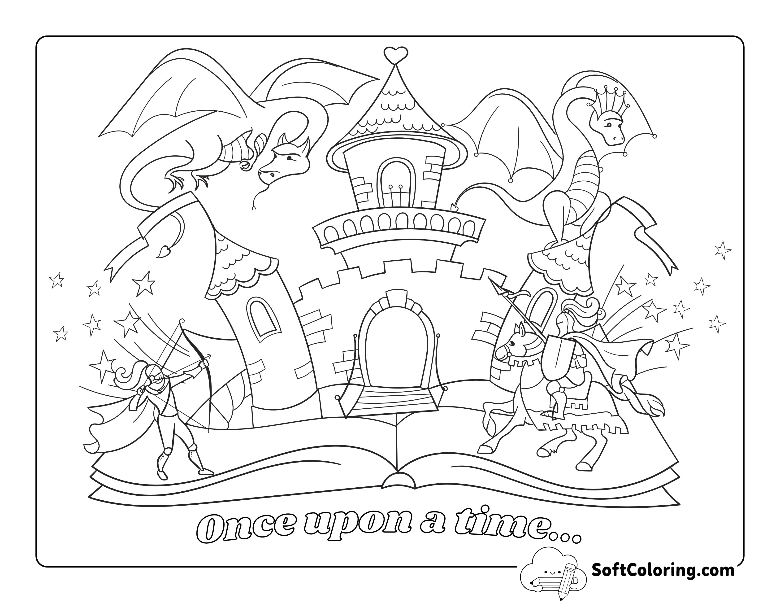 Fairy-tale Knights and Dragons Coloring Sheet