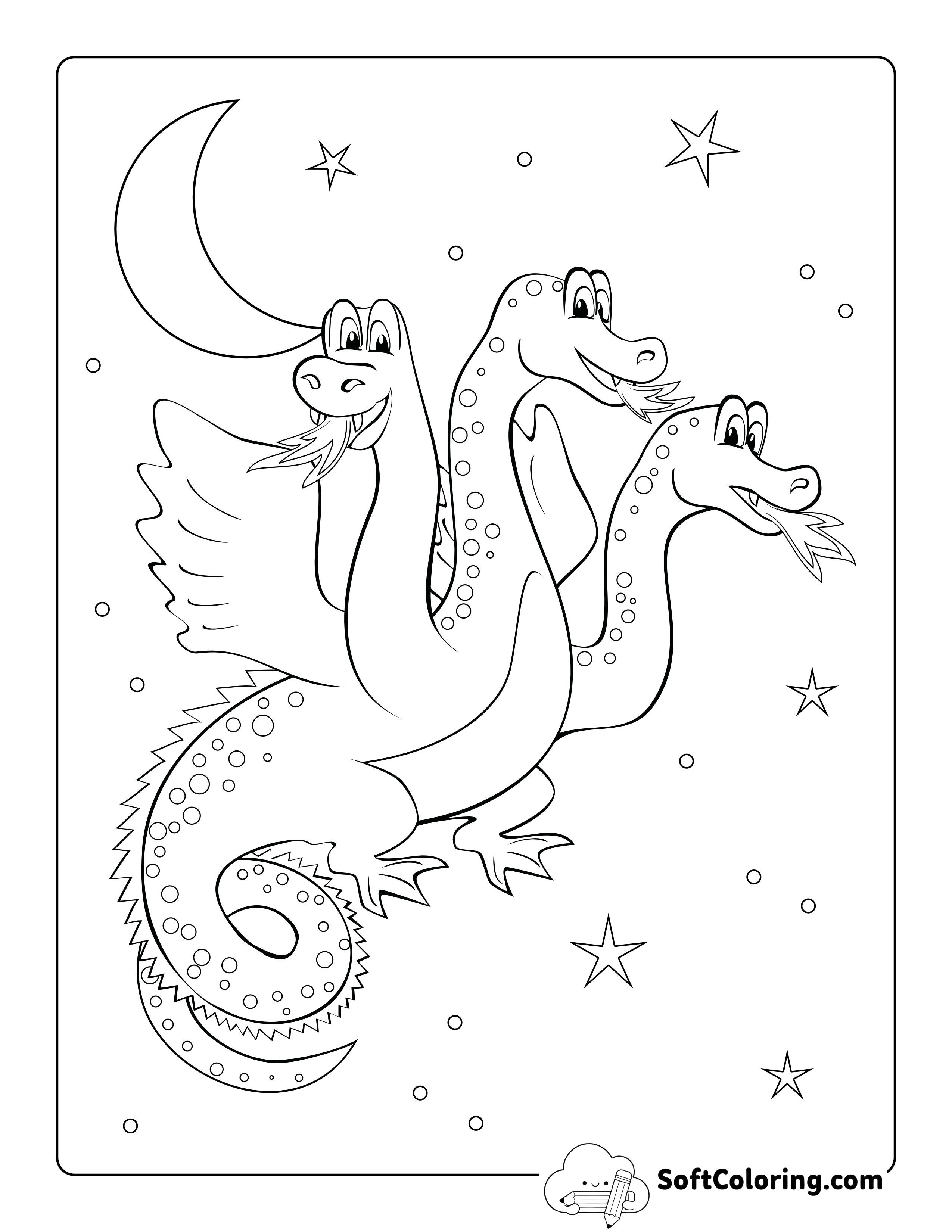 Three-headed Dragon Flying at Night