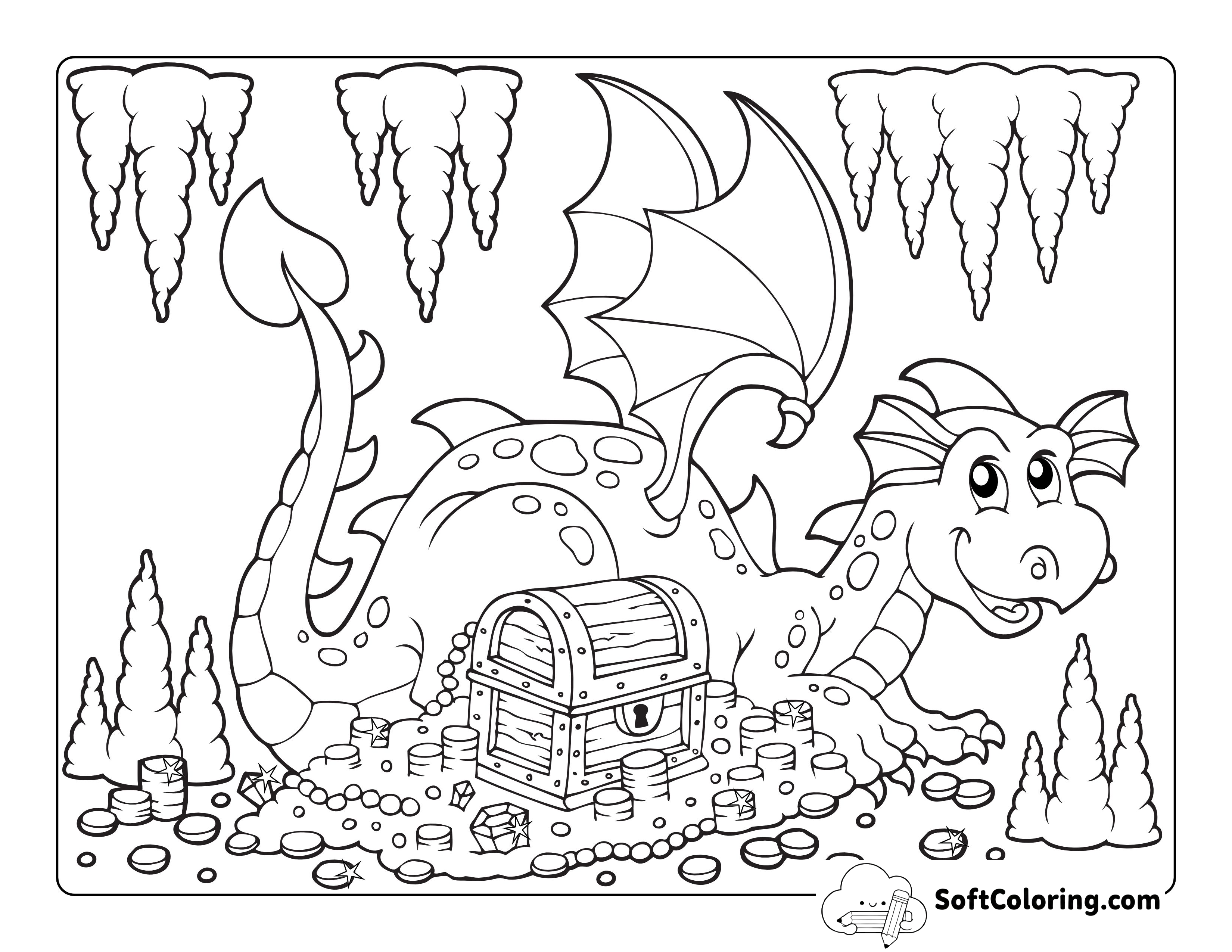 Dragon with Treasure Chest and Piles of Gold