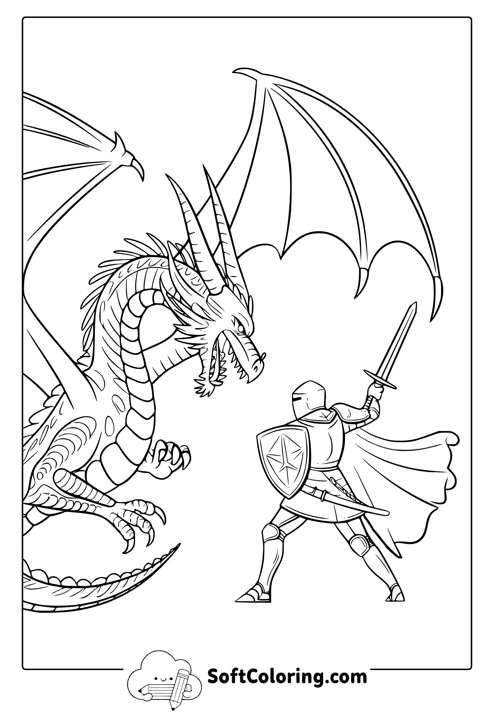 Dragon vs. Knight Battle Coloring Page