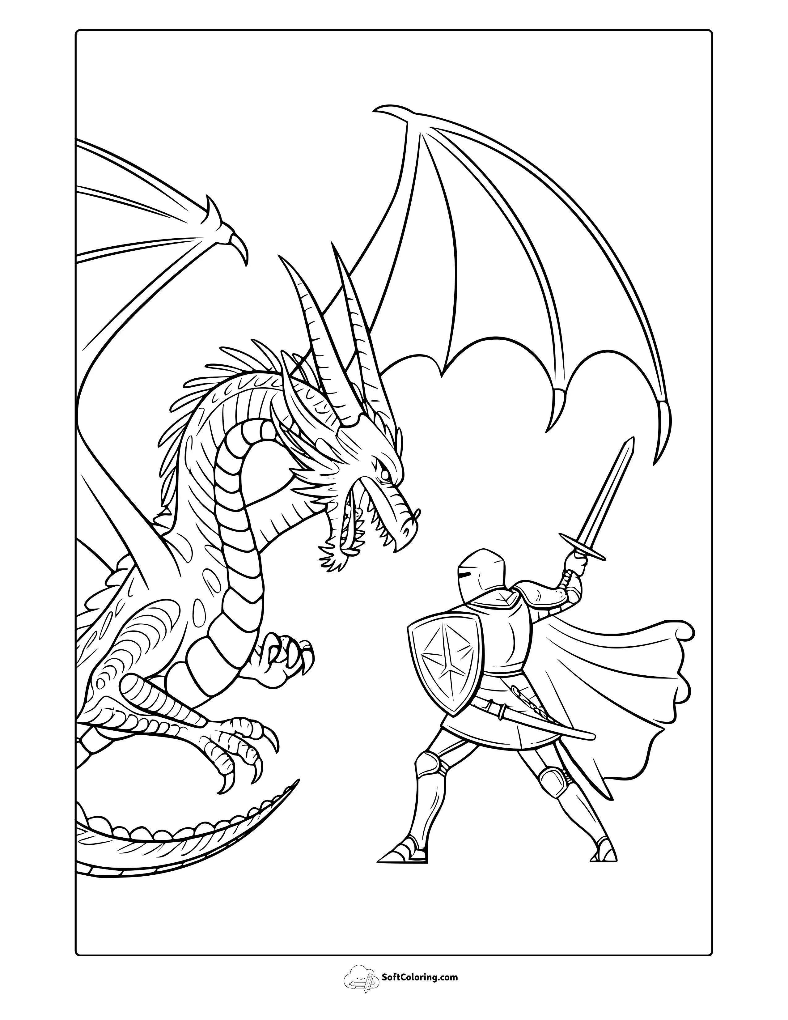 Dragon Vs. Knight Battle Coloring Page