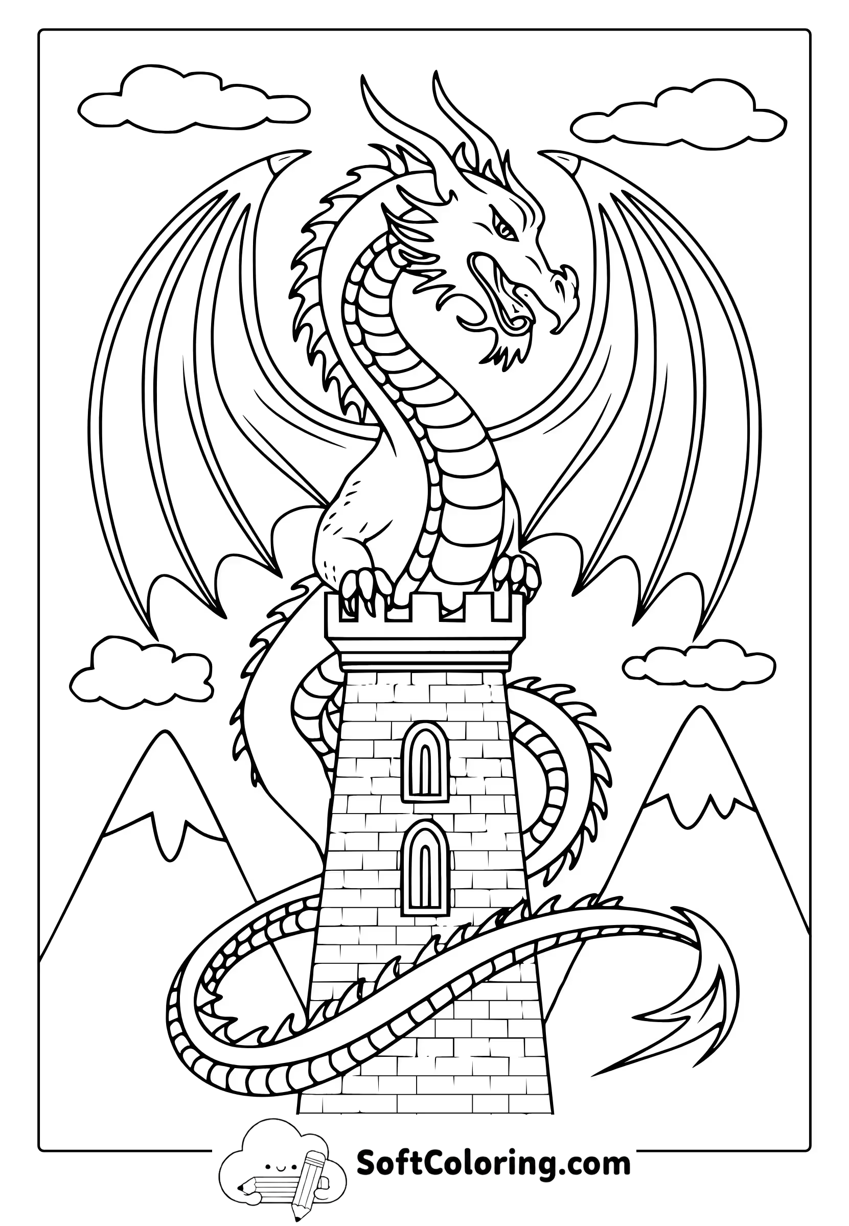 Dragon Wrapped in a Castle Coloring Page