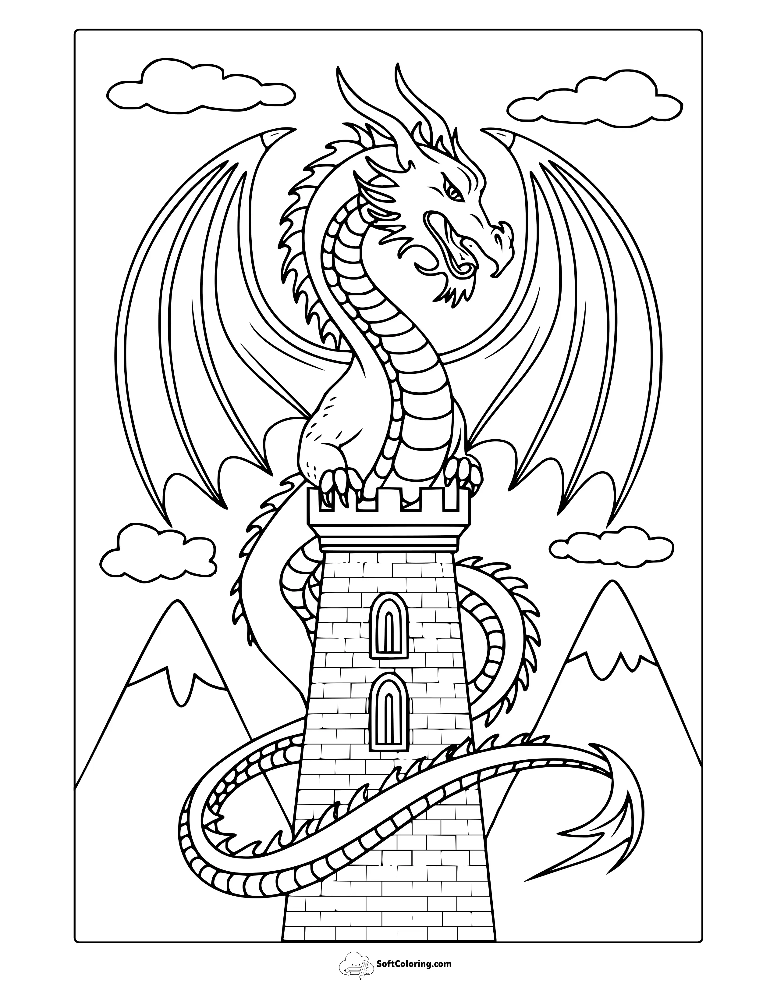 Dragon Wrapped In A Castle Coloring Page