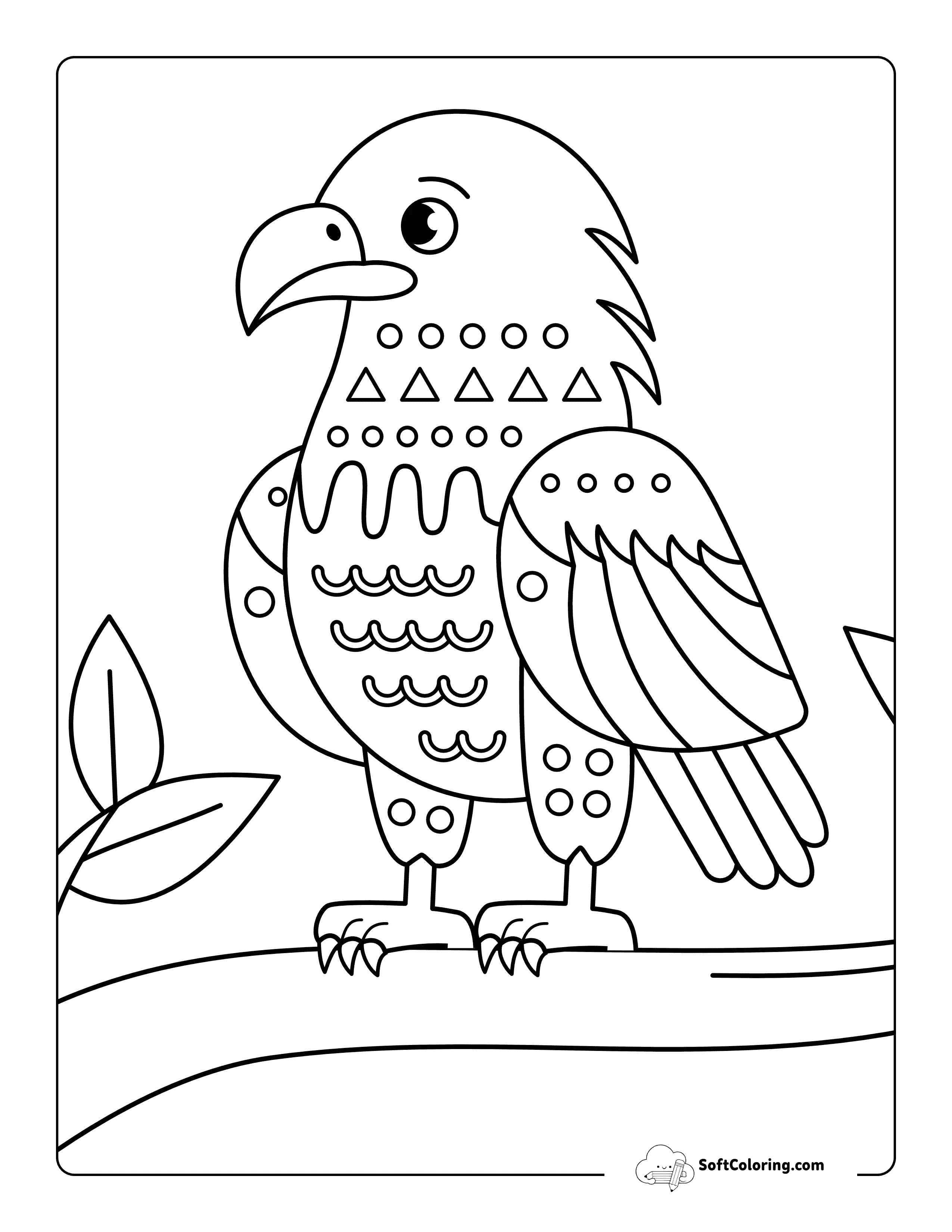 Easy Patterned Eagle On A Branch Coloring Page For Kids