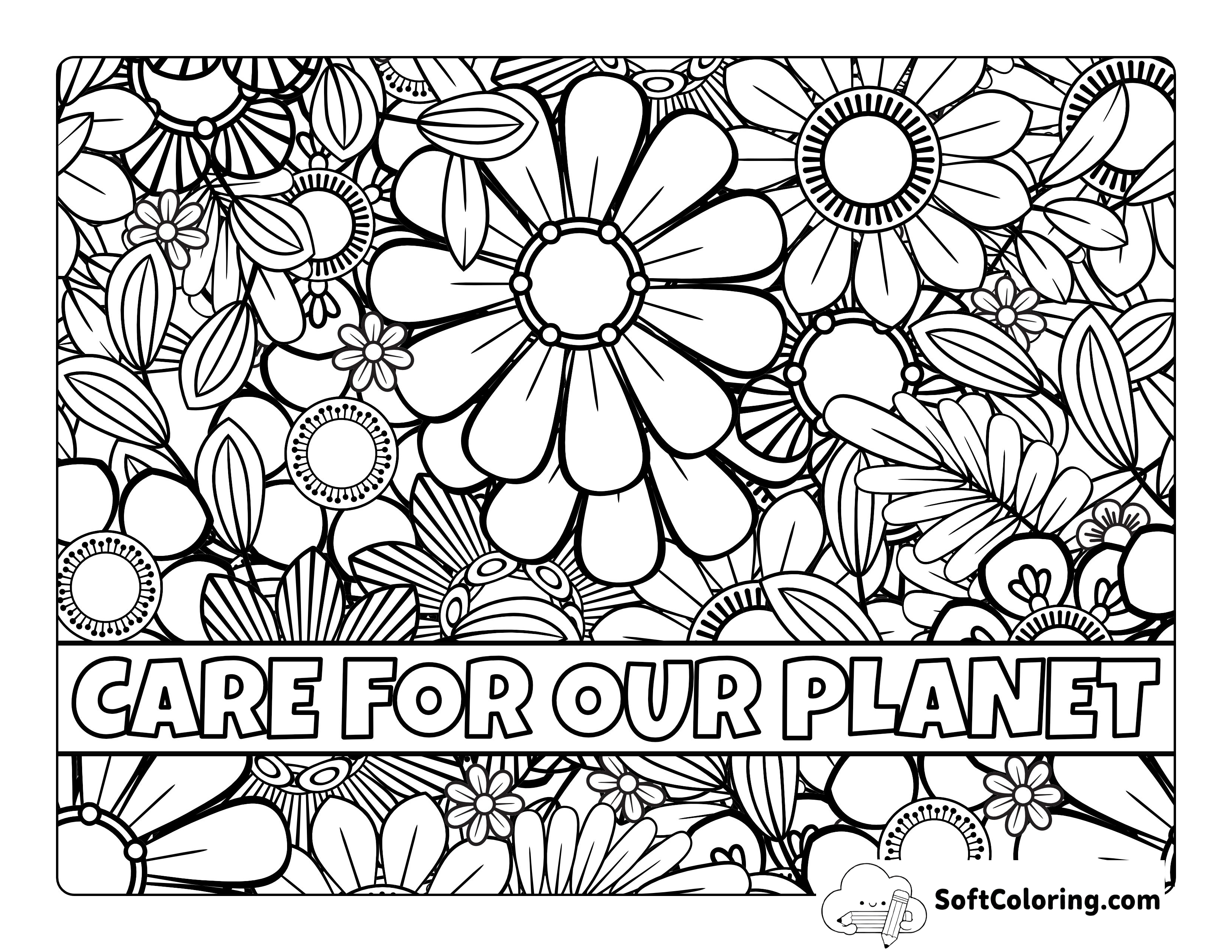 "Care For Our Planet" Floral Daisy Zentangle for Adults