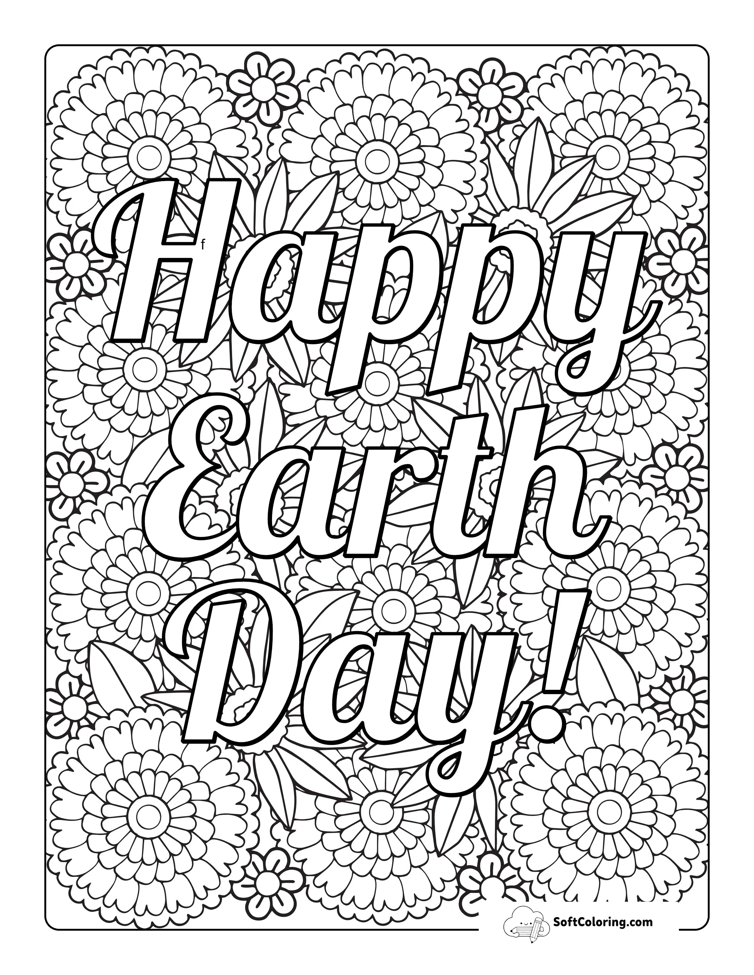 "Happy Earth Day" Flower Coloring Sheet For Teens