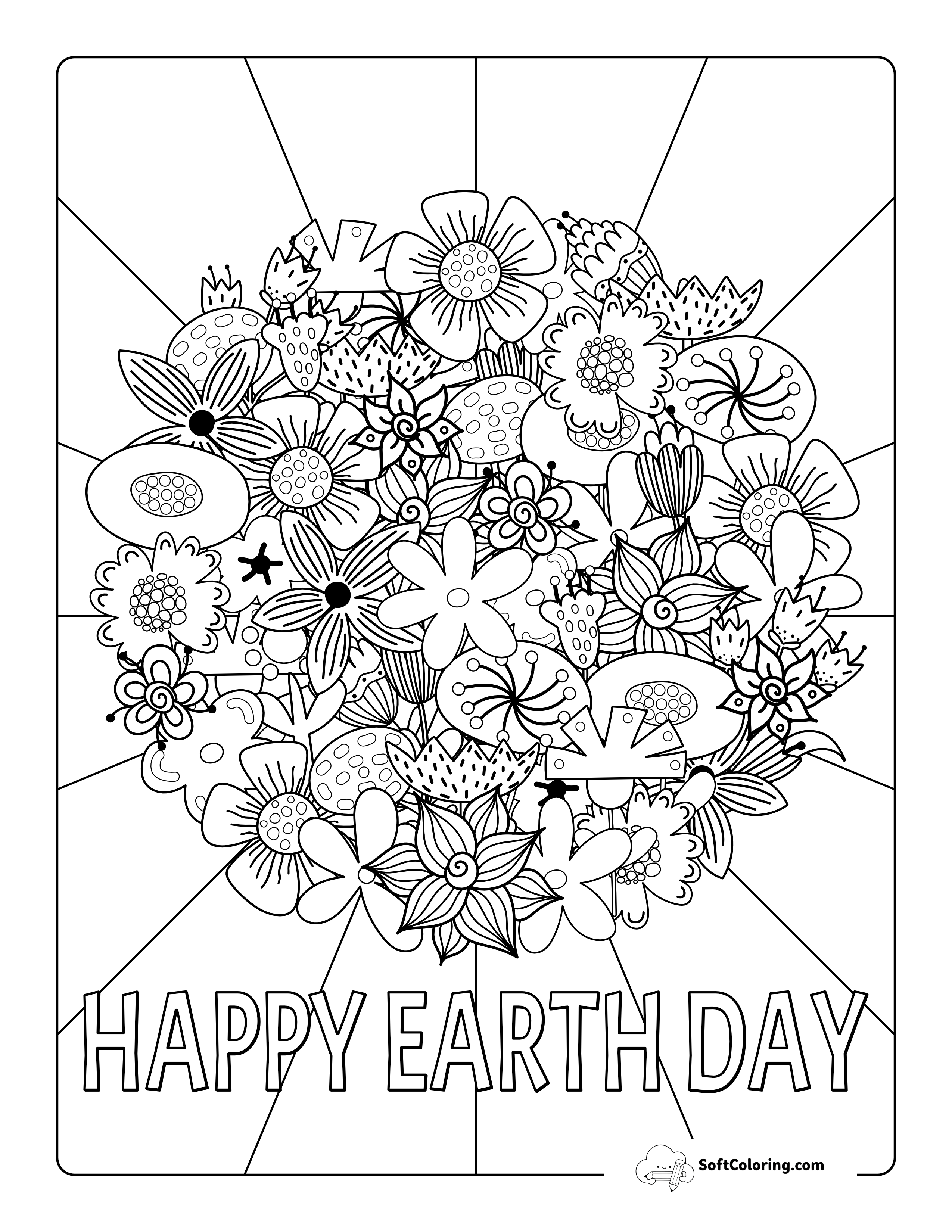 "Happy Earth Day" Flower Earth Coloring Sheet For Adults
