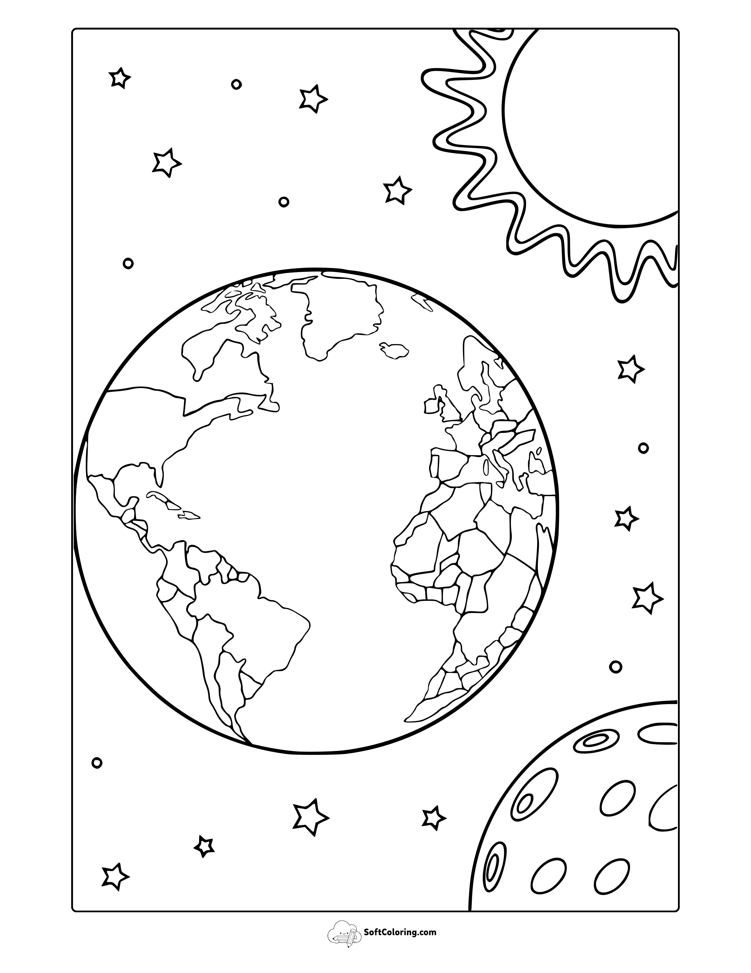 Earth With Moon And Sun Coloring Page