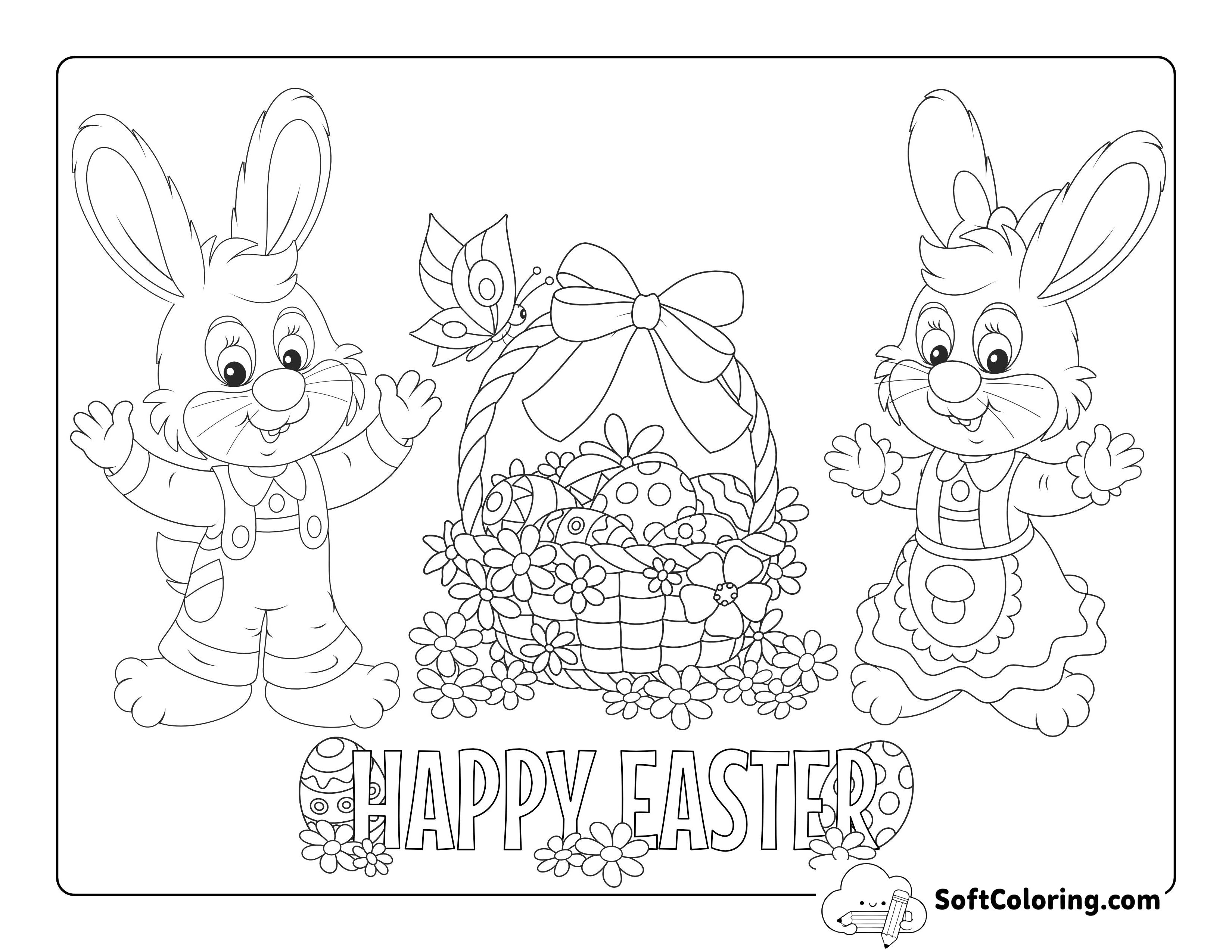 Cute Bunnies with Easter Basket to Color