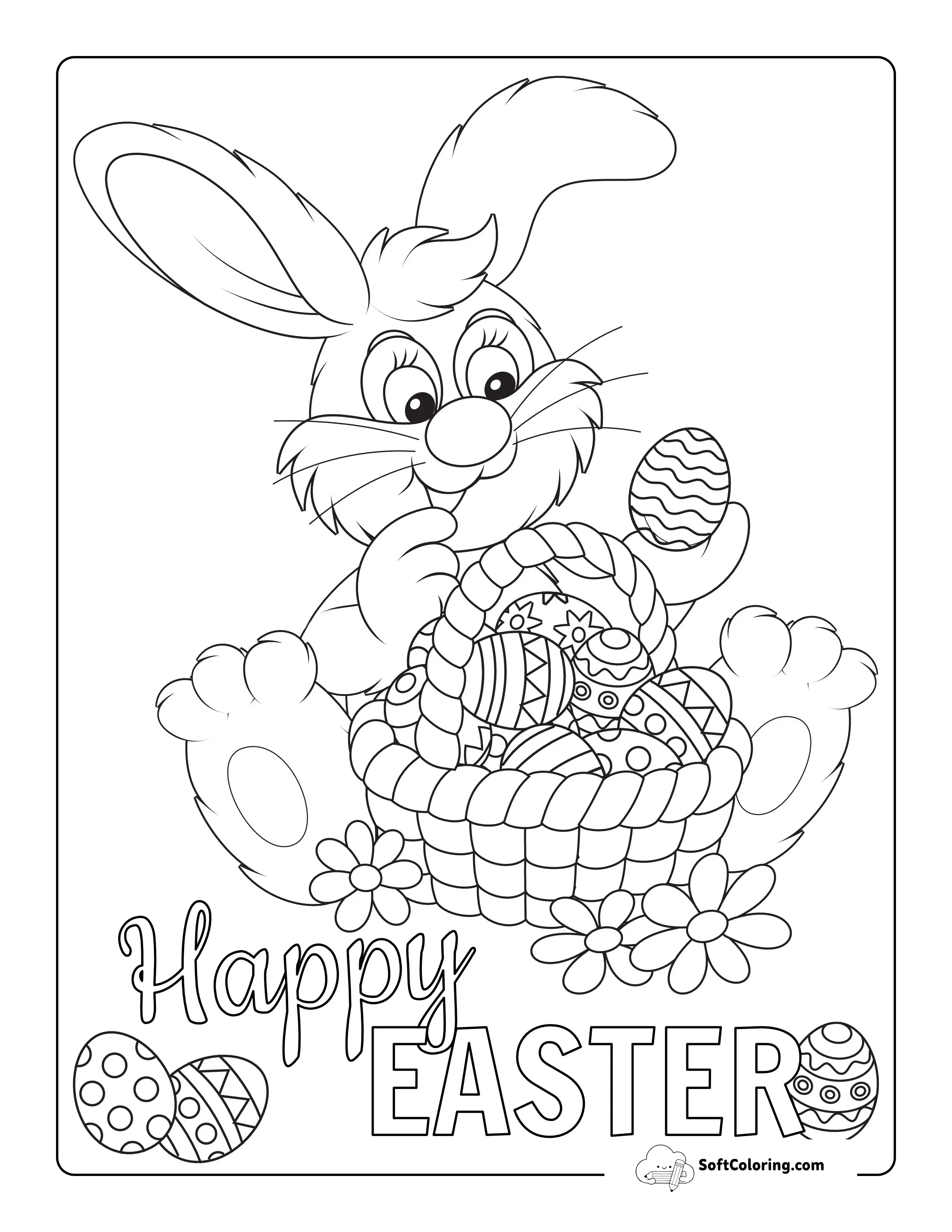 Cute Easter Bunny With Eggs To Color