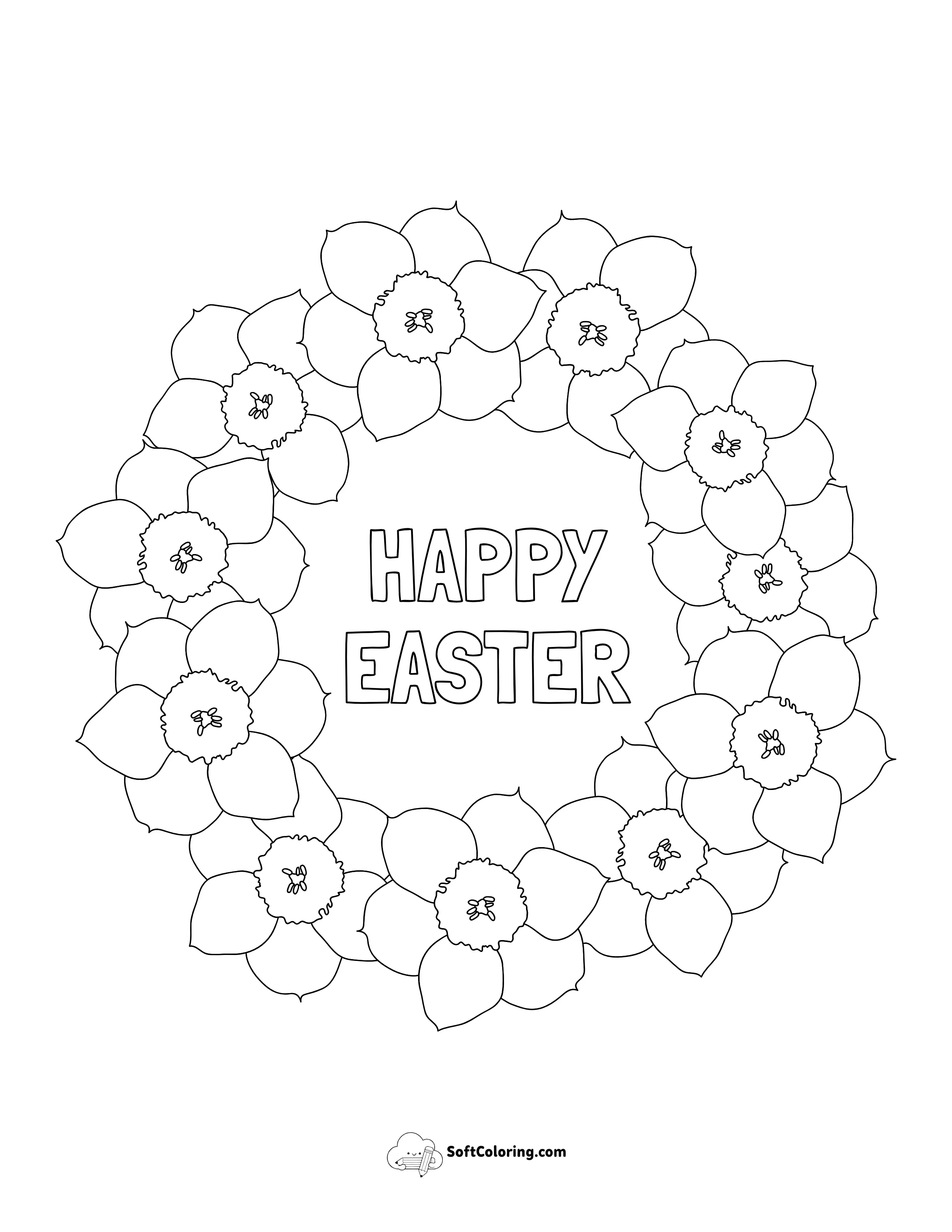 "Happy Easter" Daffodil Wreath To Color