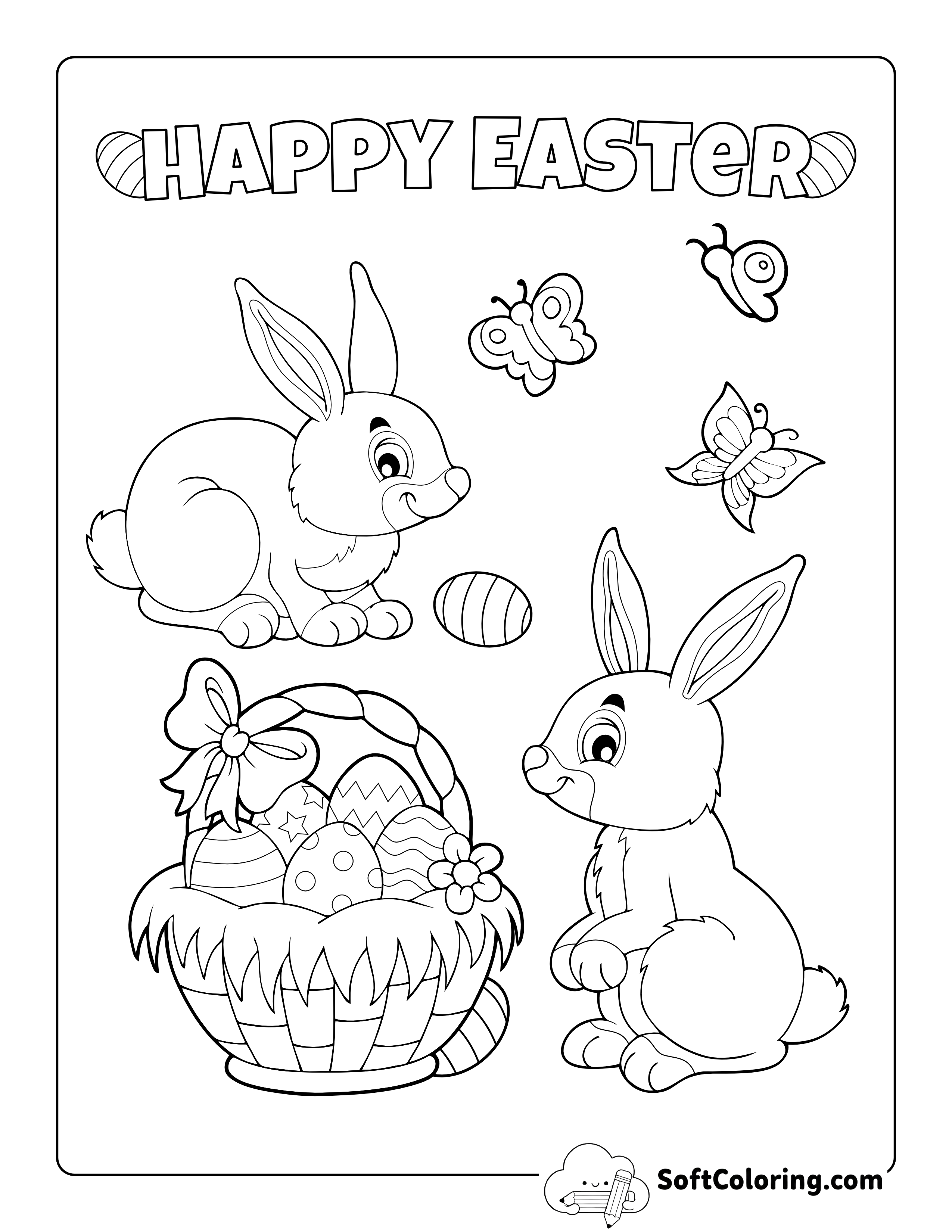 "Happy Easter" Bunnies Picture to Color