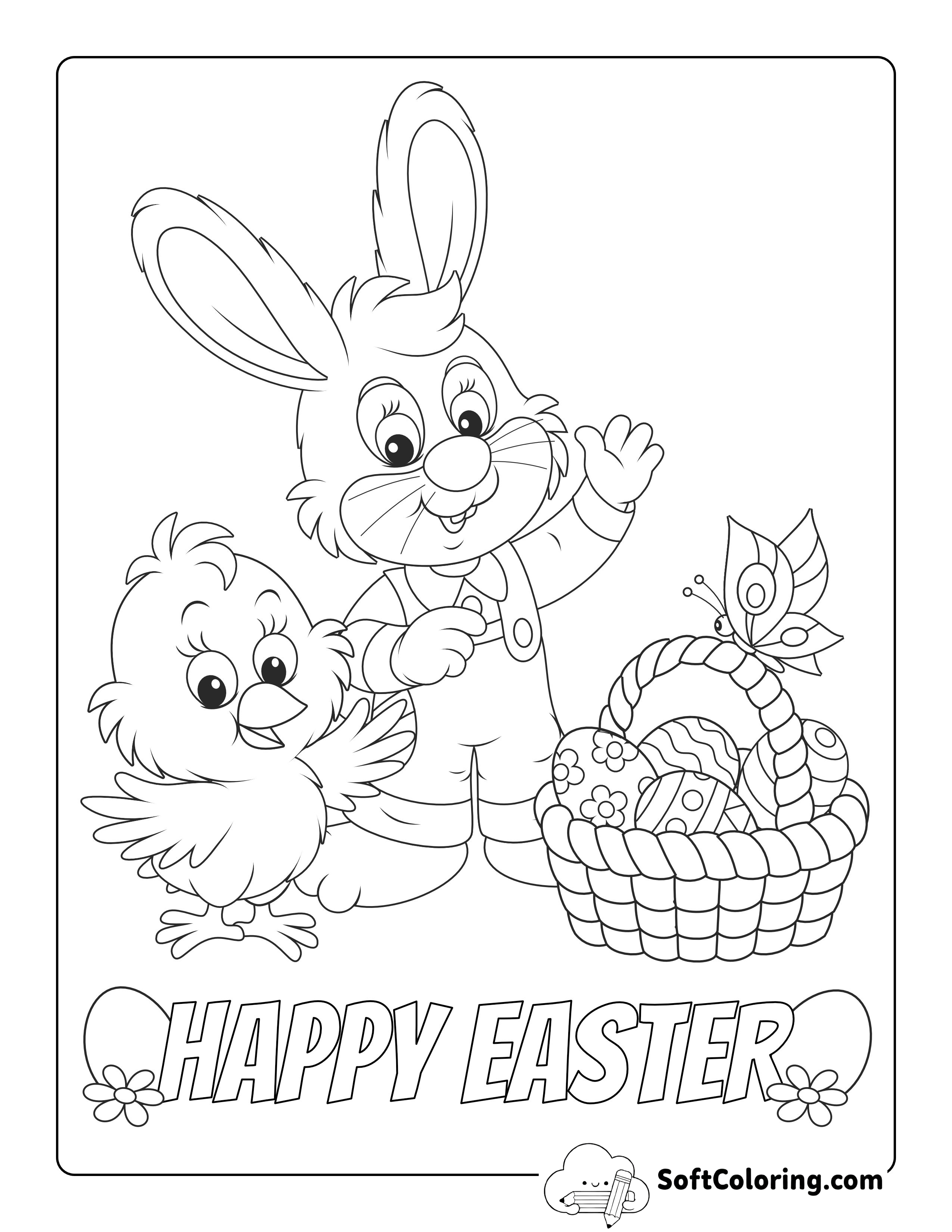 "Happy Easter" Bunny Rabbit & Spring Chick Coloring Sheet