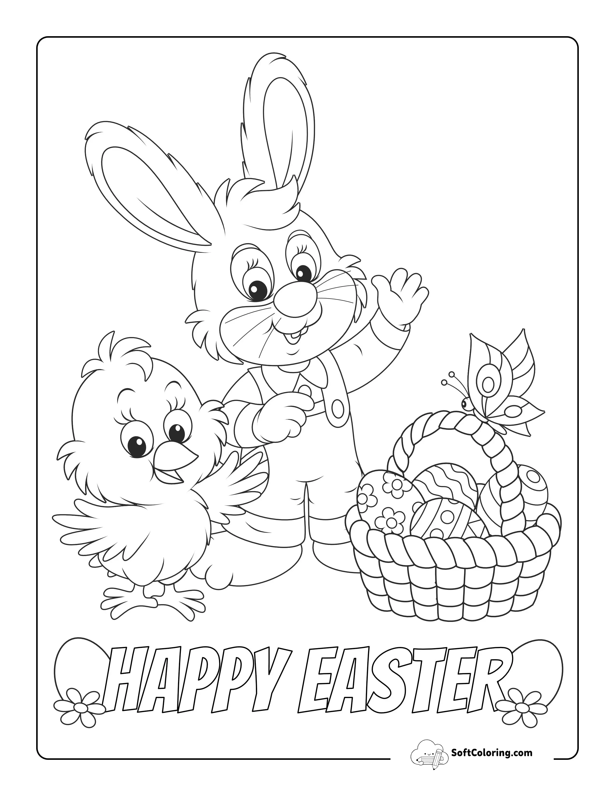 "Happy Easter" Bunny Rabbit & Spring Chick Coloring Sheet