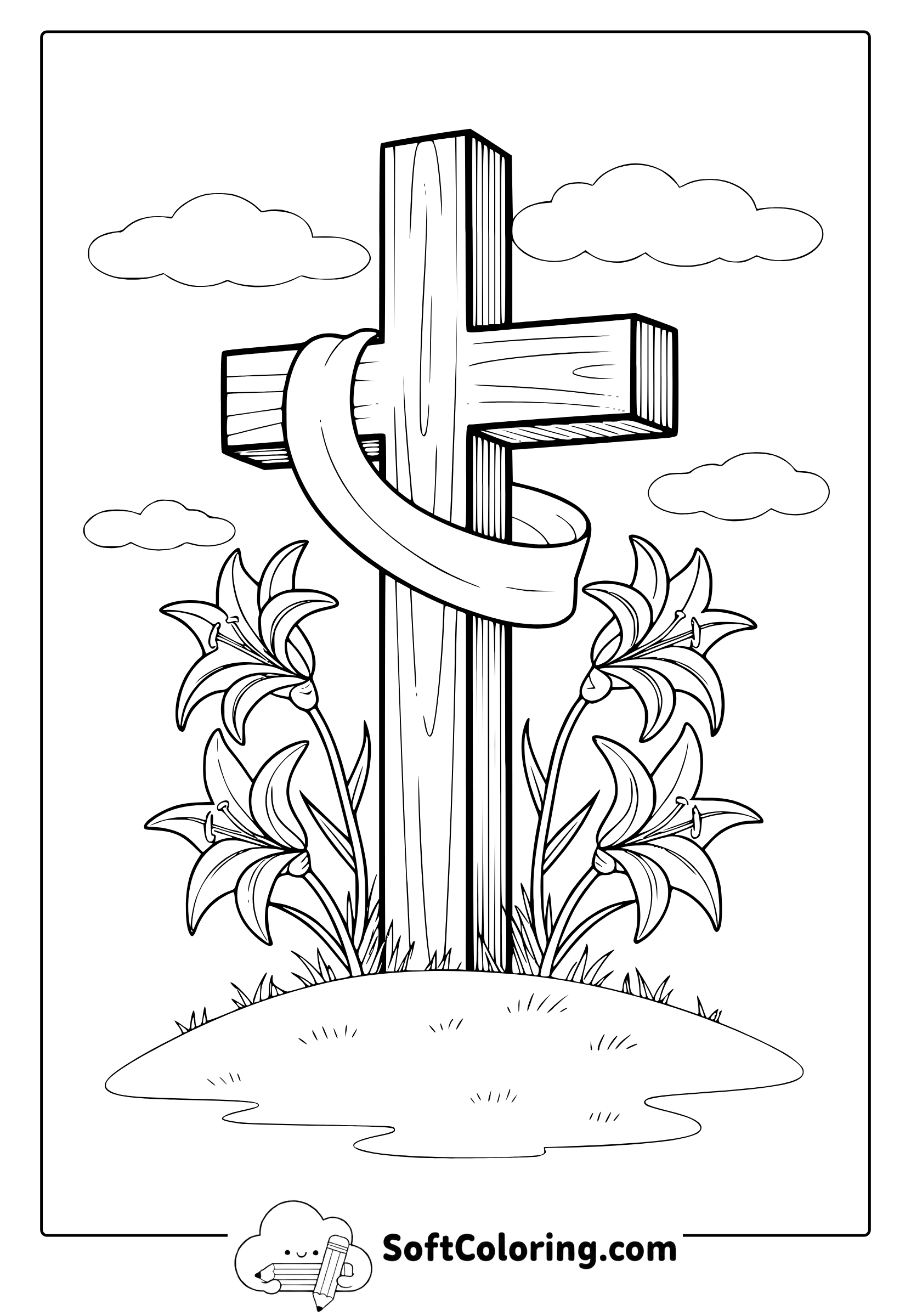 Easter Cross and Flowers Coloring Page