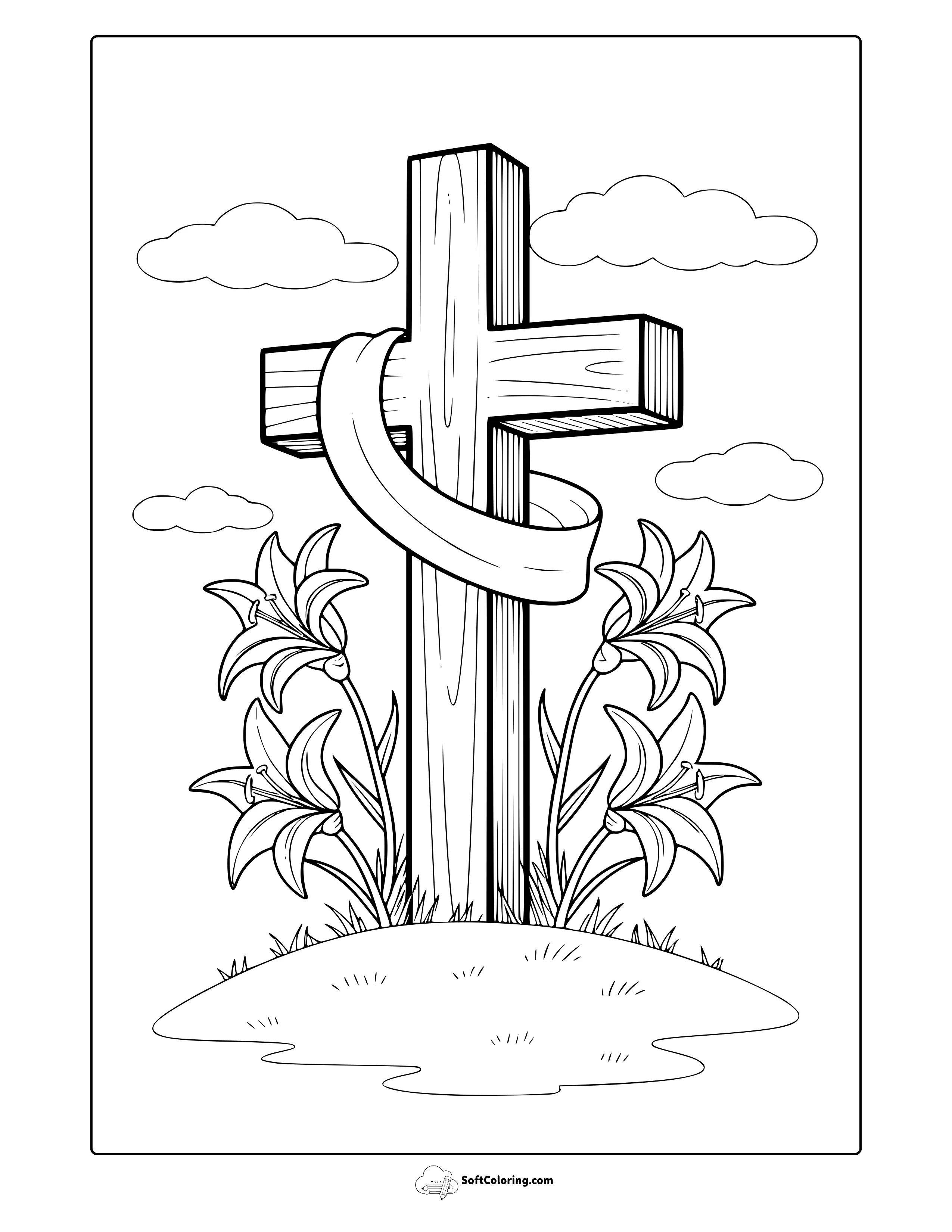 Easter Cross And Flowers Coloring Page