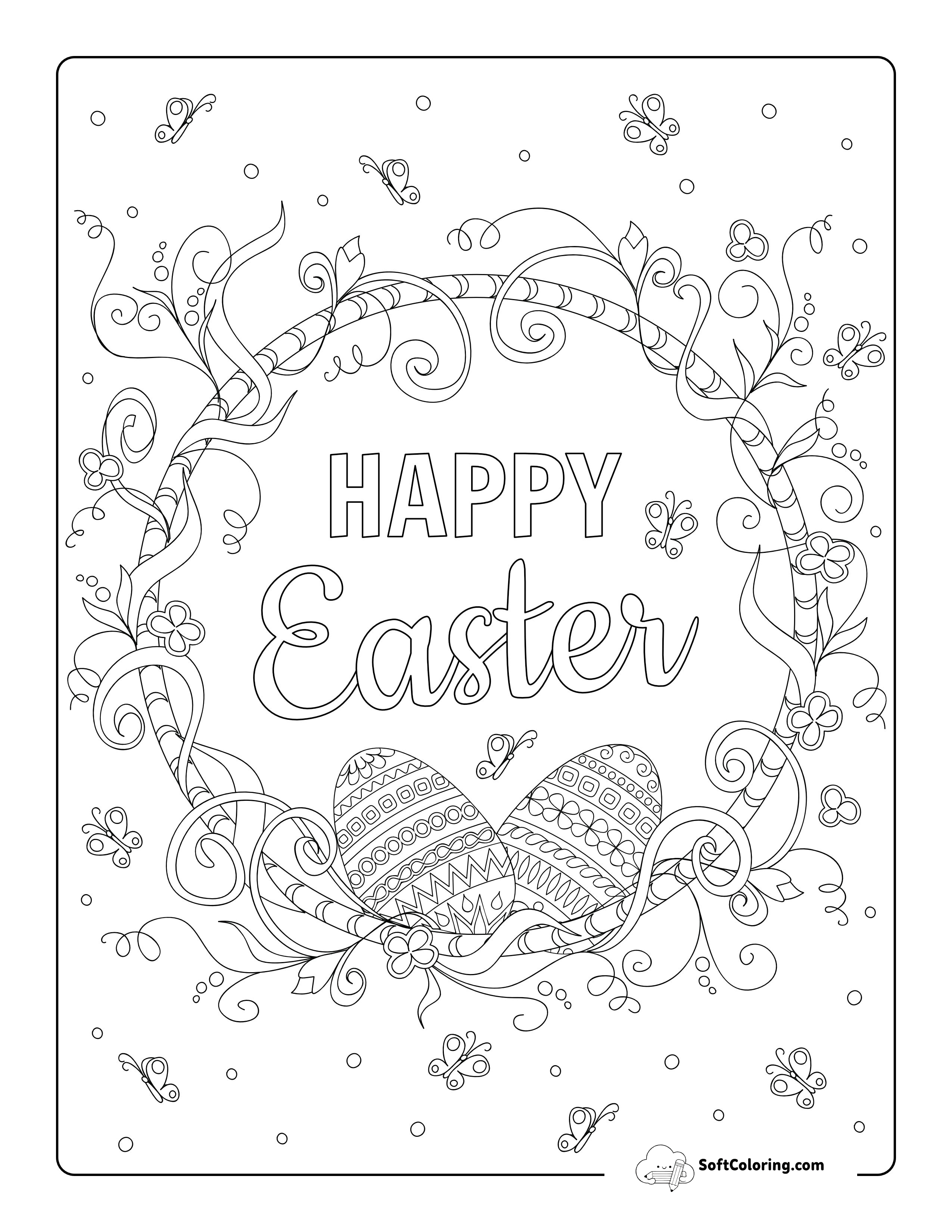 Printable "Happy Easter" Wreath To Color