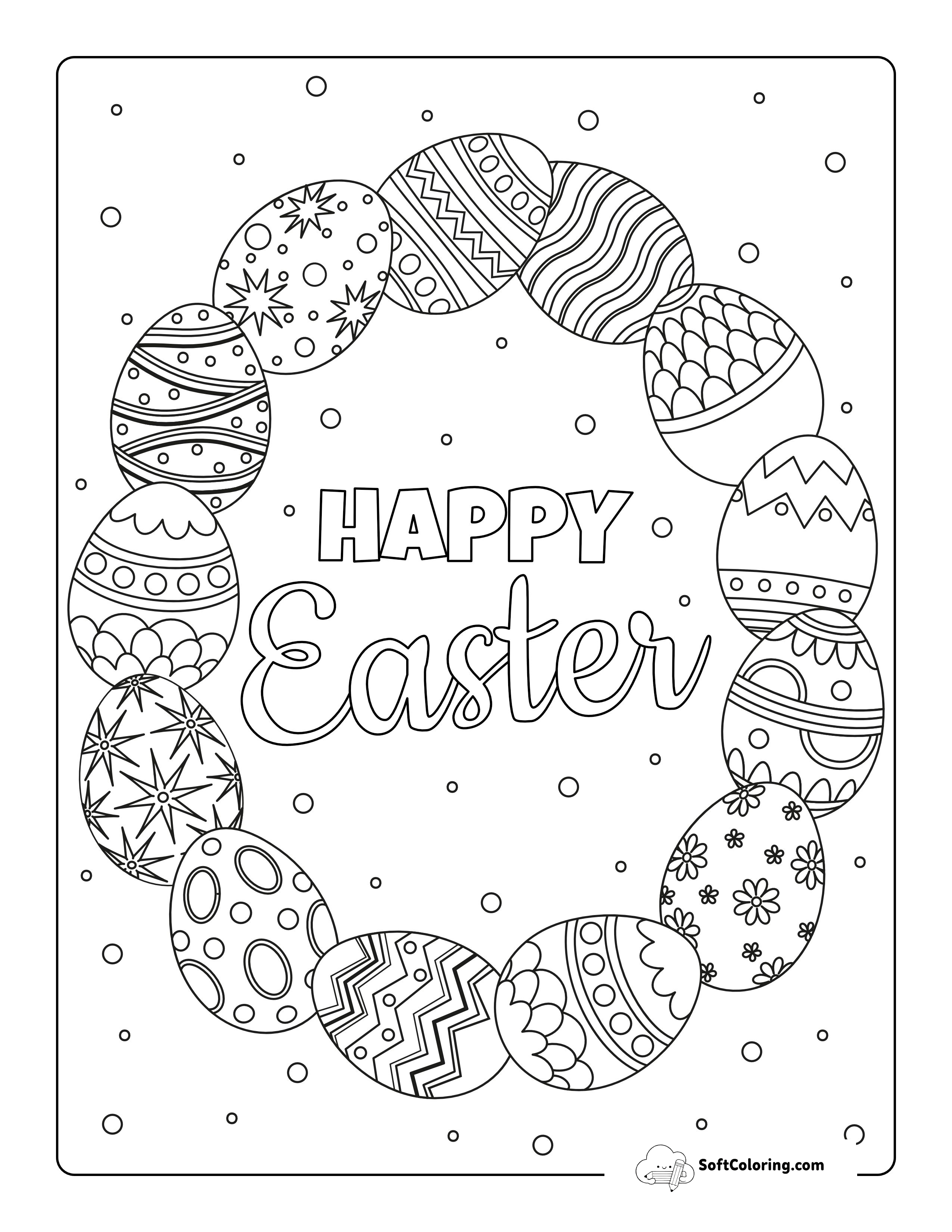 "Happy Easter" Egg Wreath Coloring Page