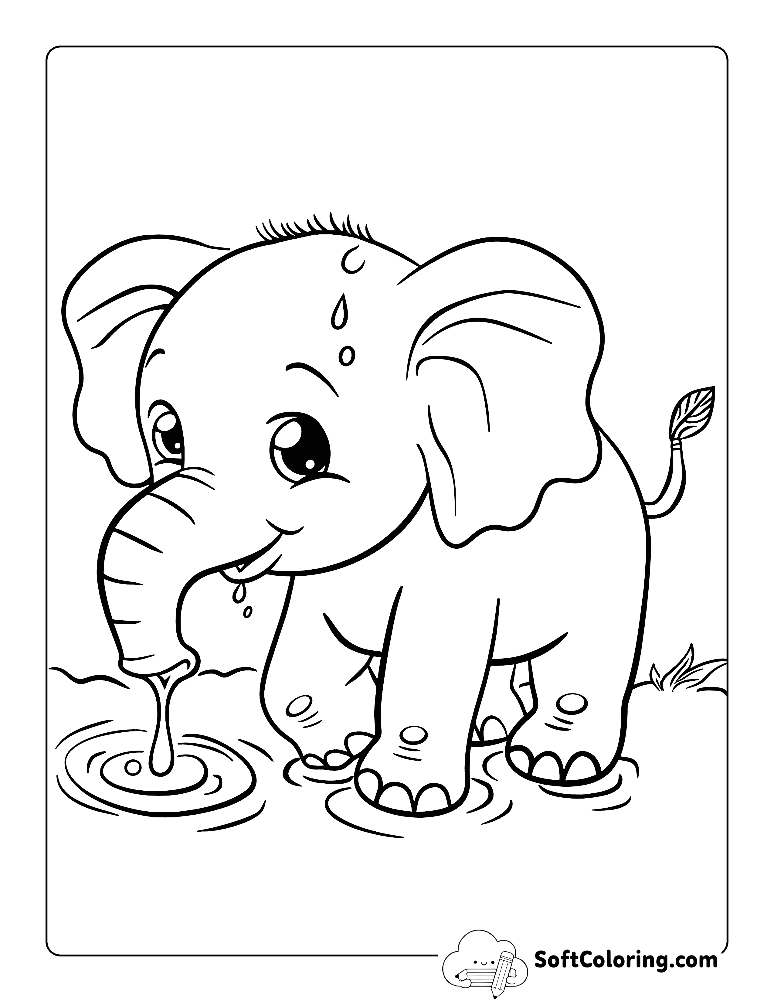 Baby Elephant Bathtime Coloring Sheet for Kids