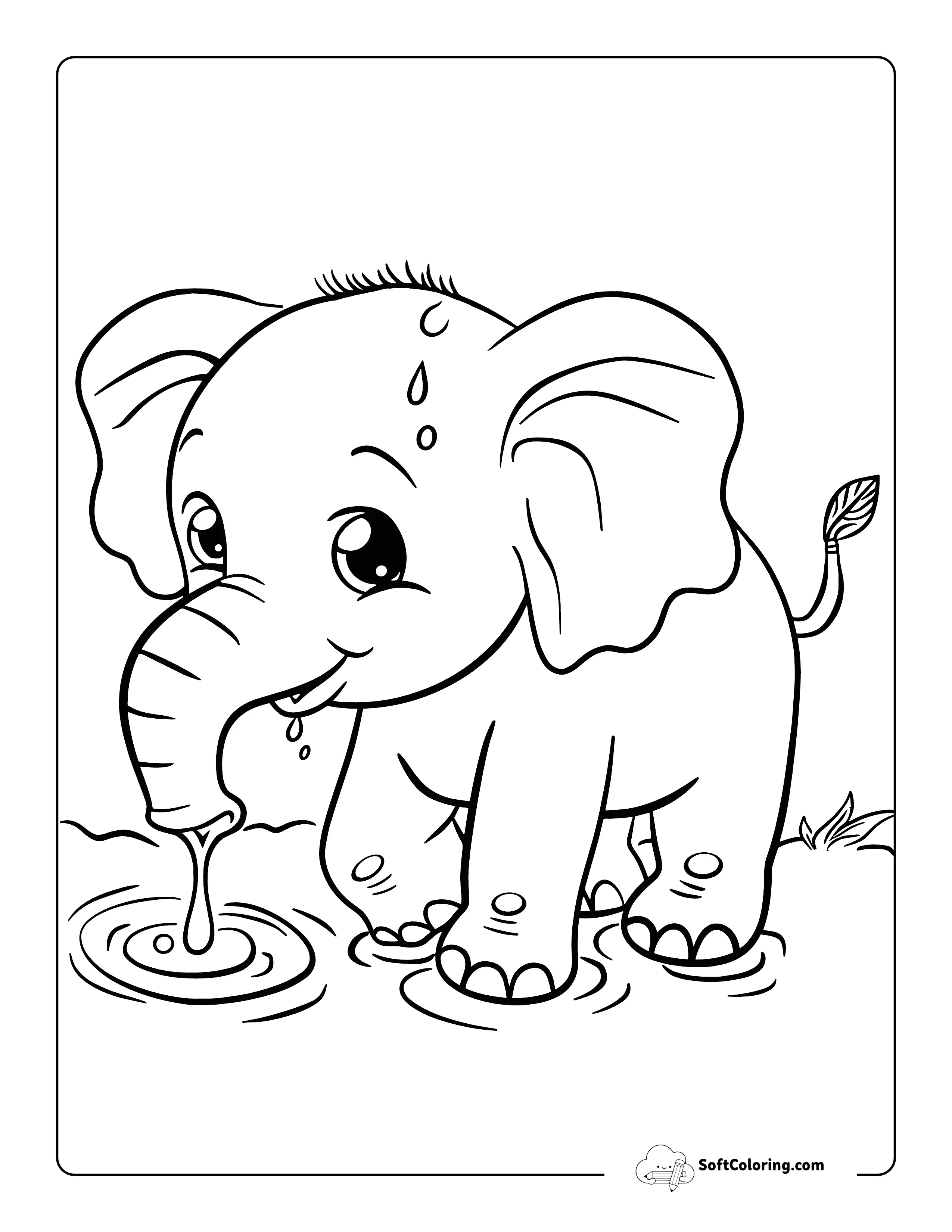 Baby Elephant Bathtime Coloring Sheet For Kids