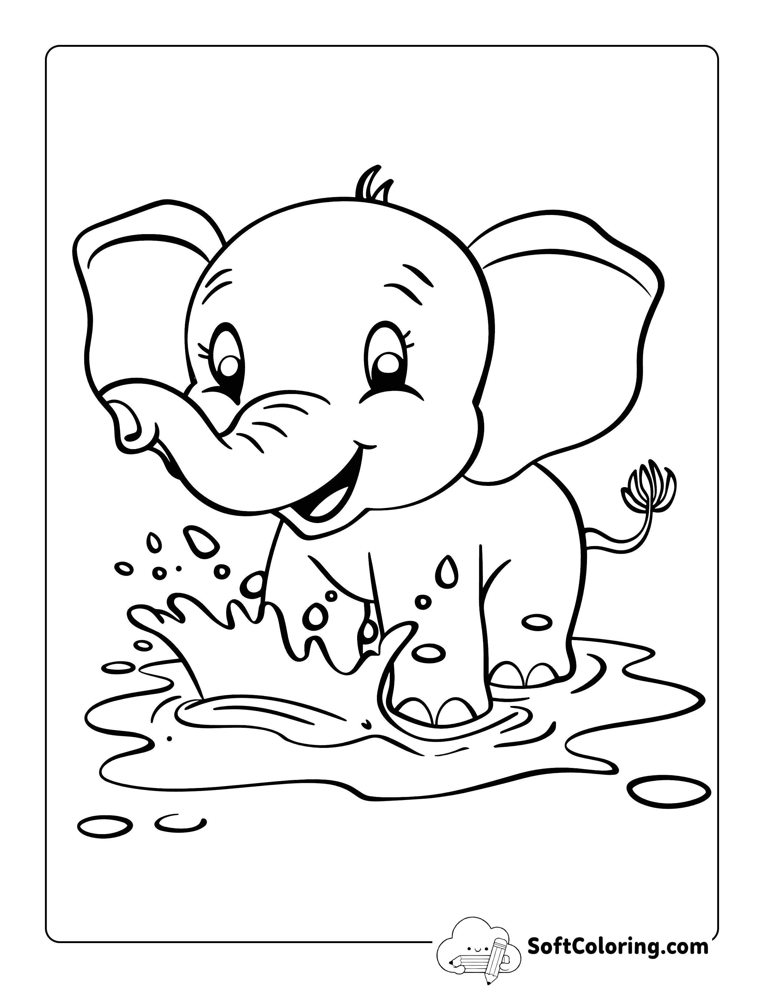 Playing in Puddle Cute Elephant Coloring Sheet