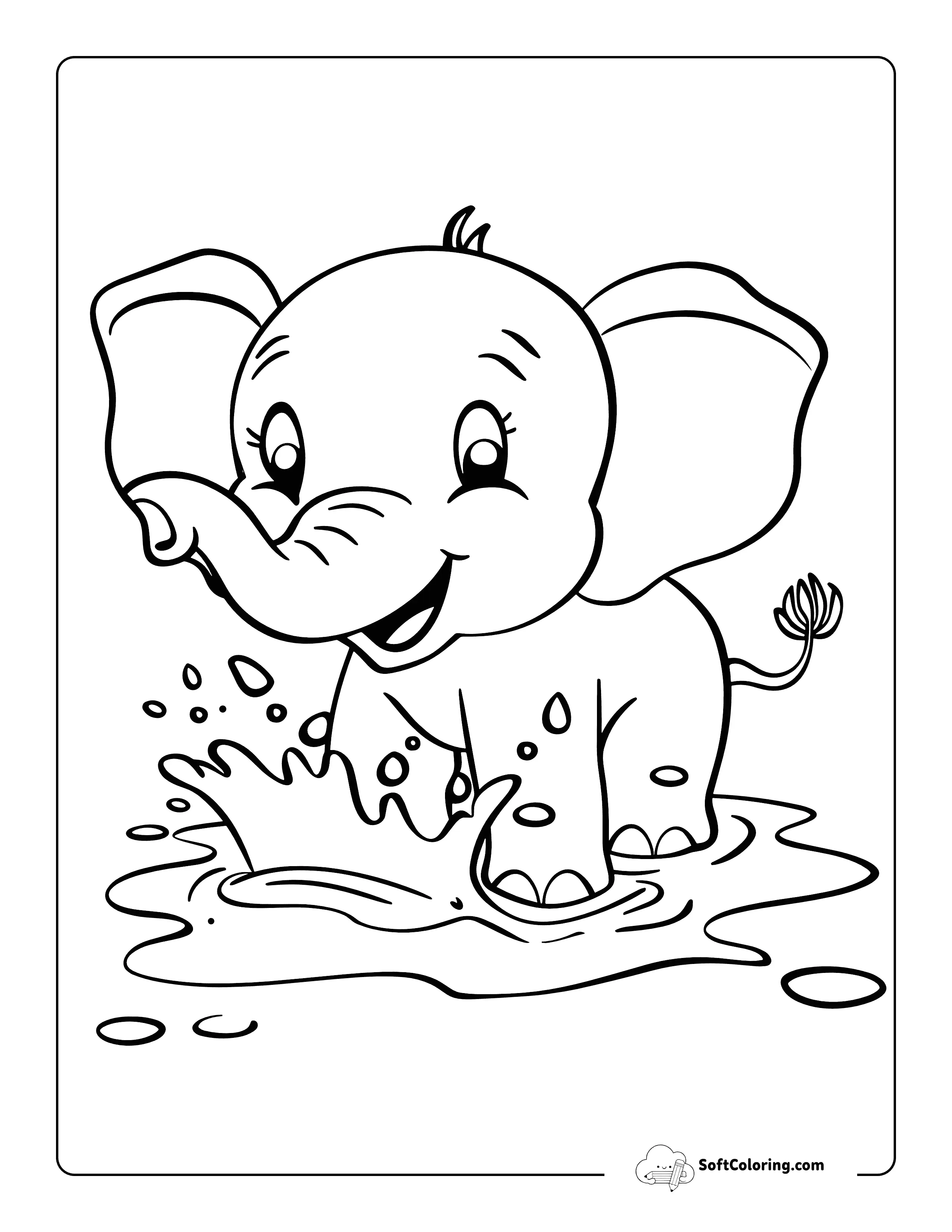 Playing In Puddle Cute Elephant Coloring Sheet