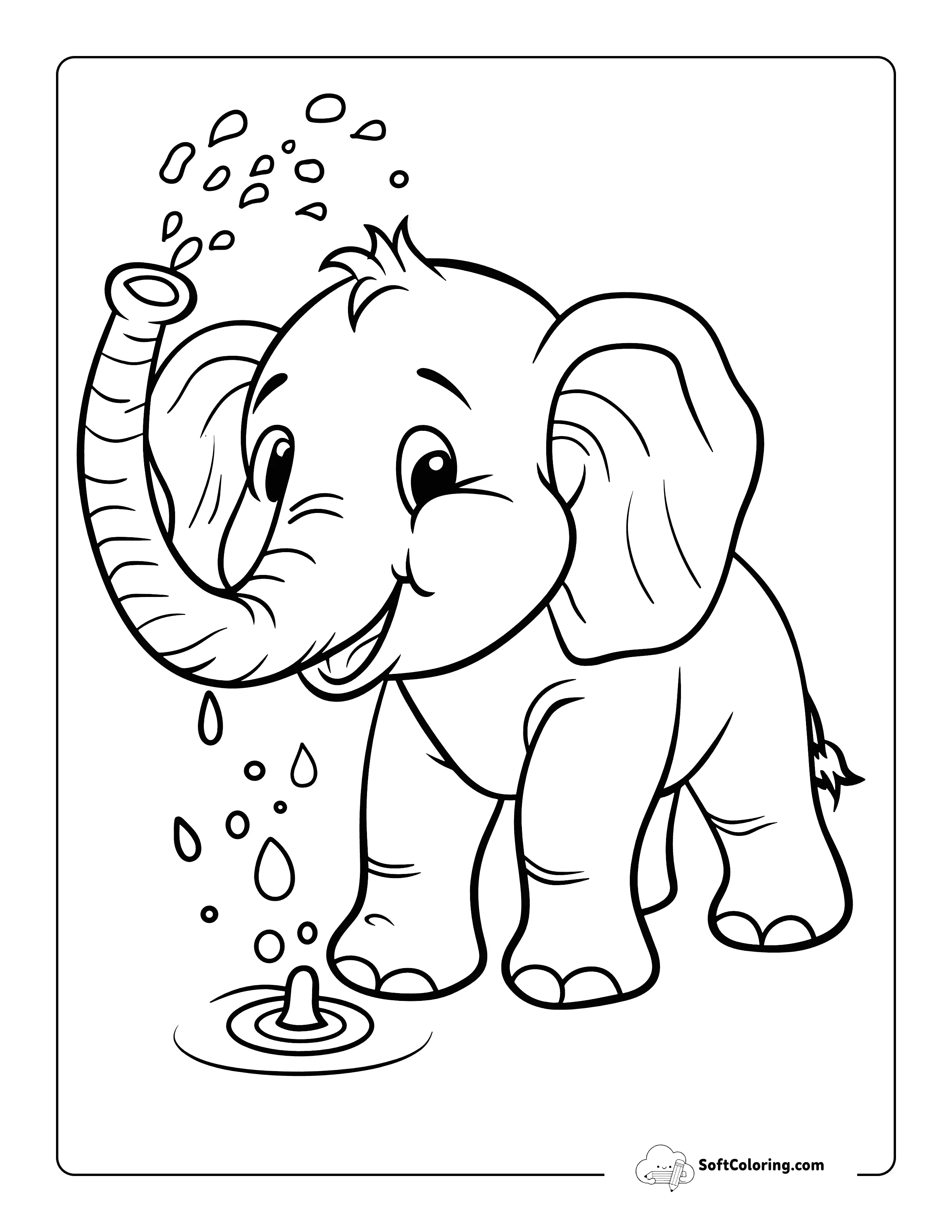 Cute Elephant Spraying Water Printable Coloring Sheet