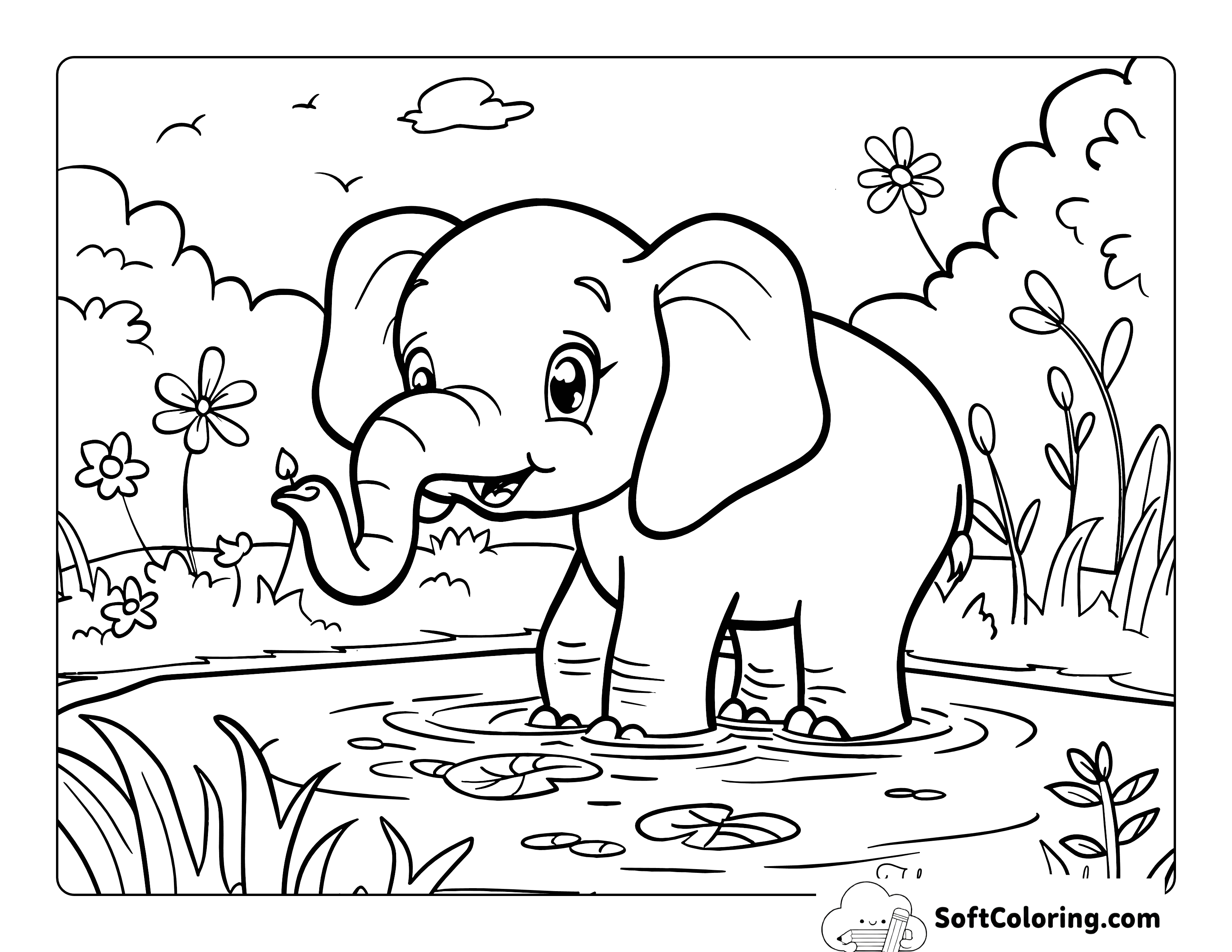 Cute Elephant in Watering Hole Coloring Page