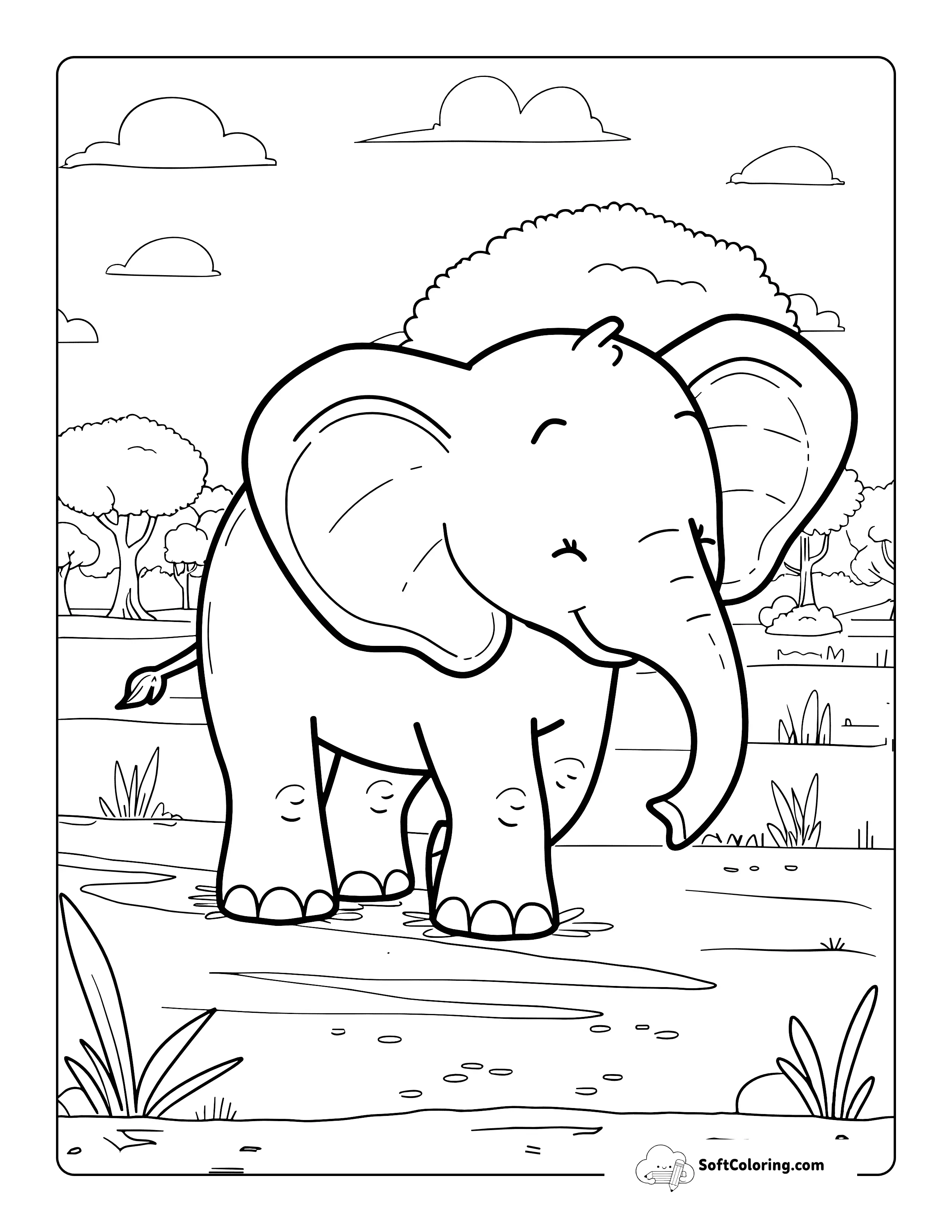 Happy Elephant Coloring Page For Kids