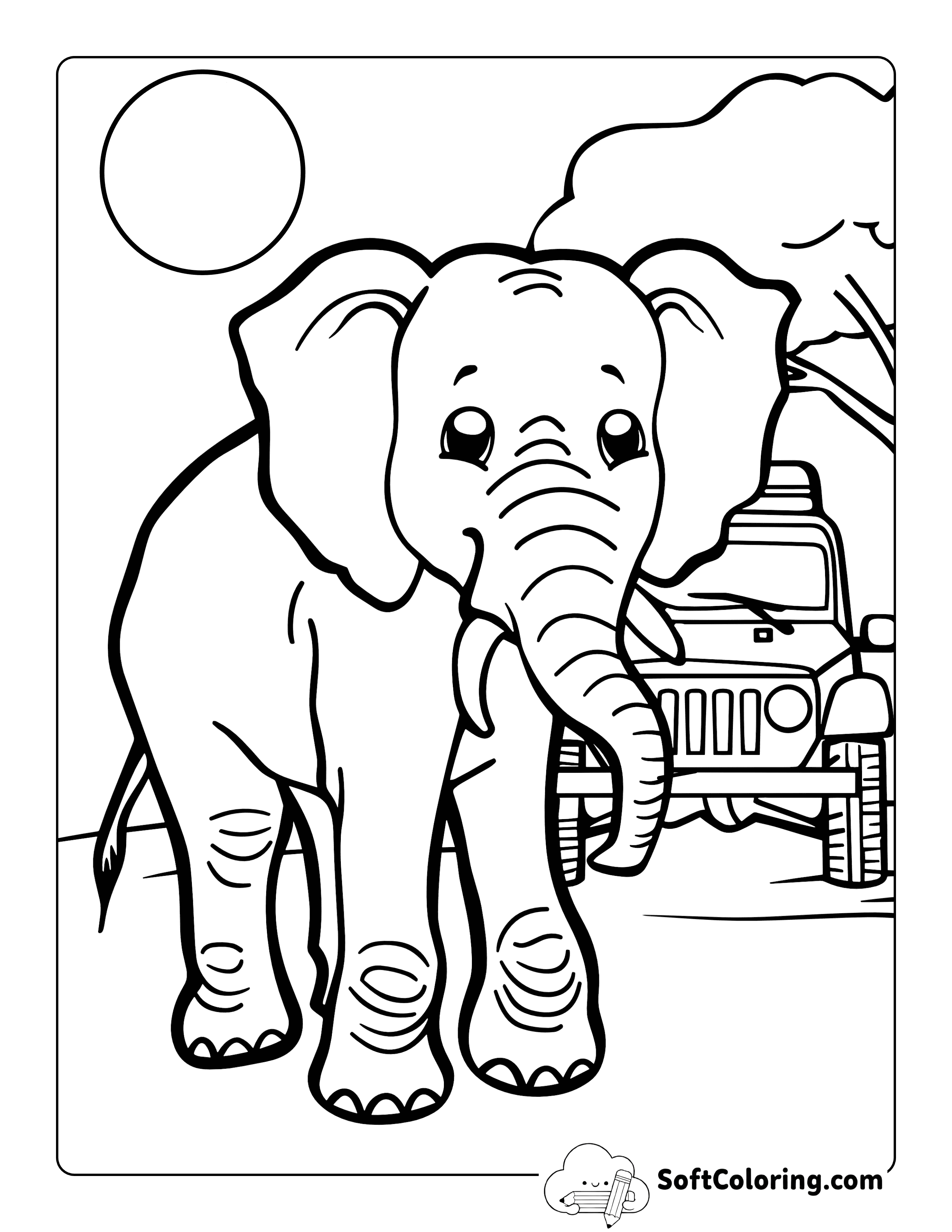 Elephant and Jeep Safari Coloring Page for Kids