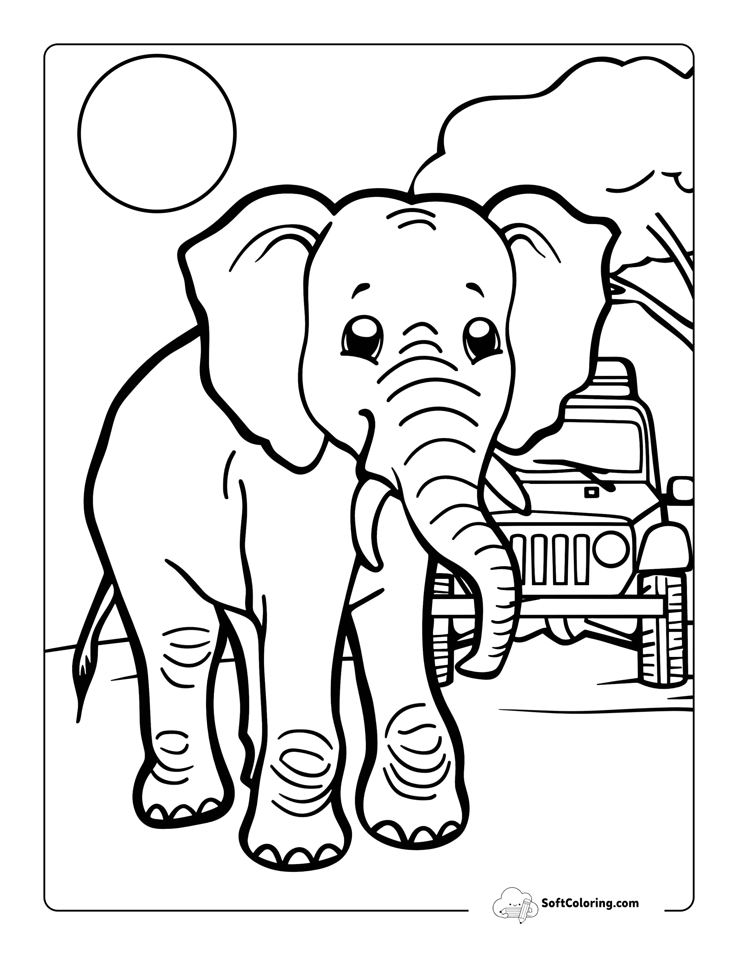 Elephant And Jeep Safari Coloring Page For Kids