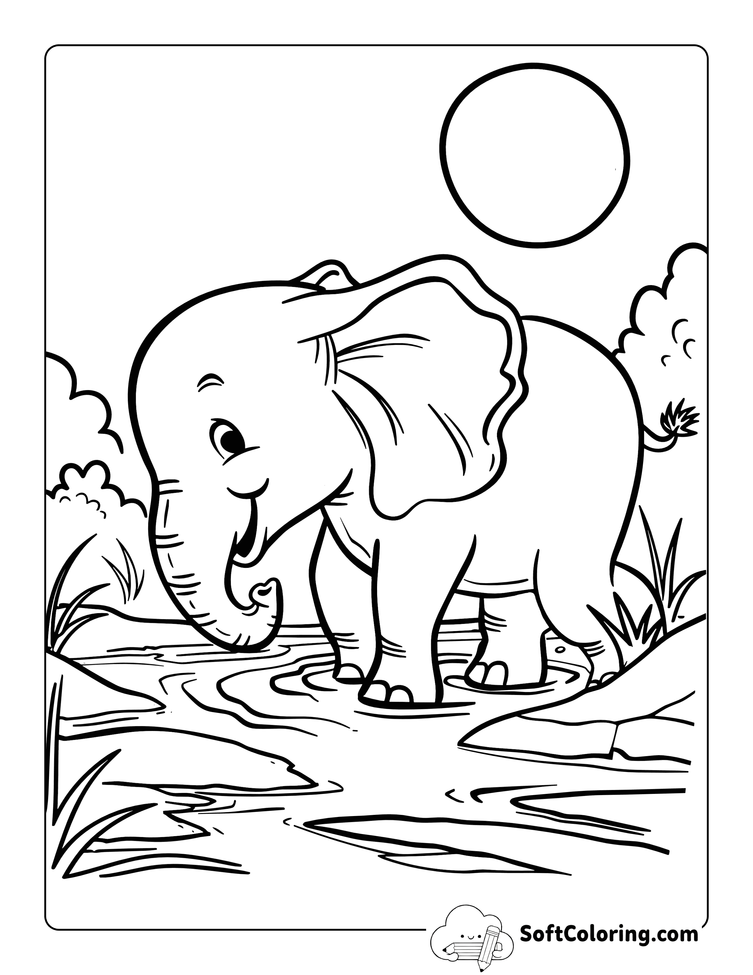 Cute Elephant Crossing Stream Coloring Page for Kids