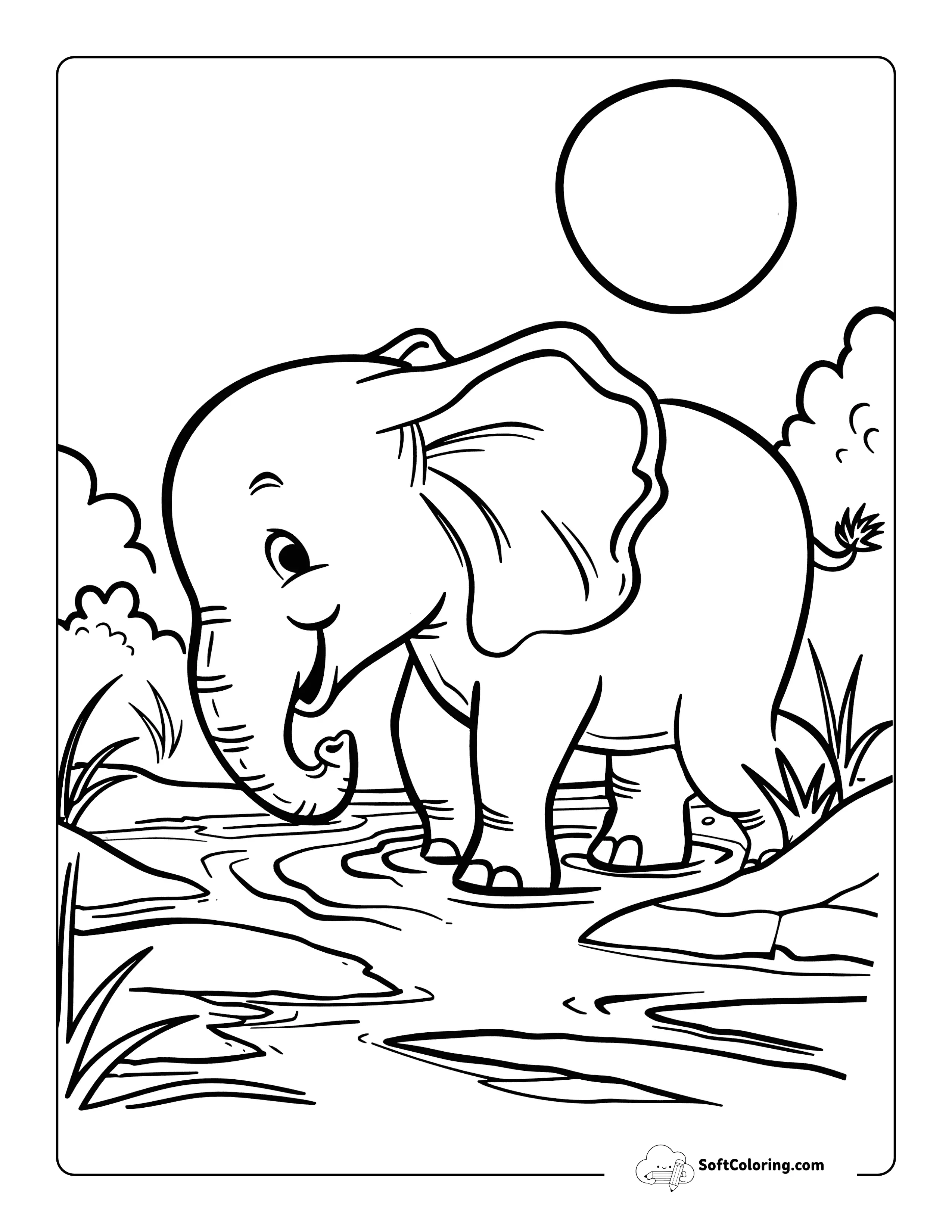 Cute Elephant Crossing Stream Coloring Page For Kids
