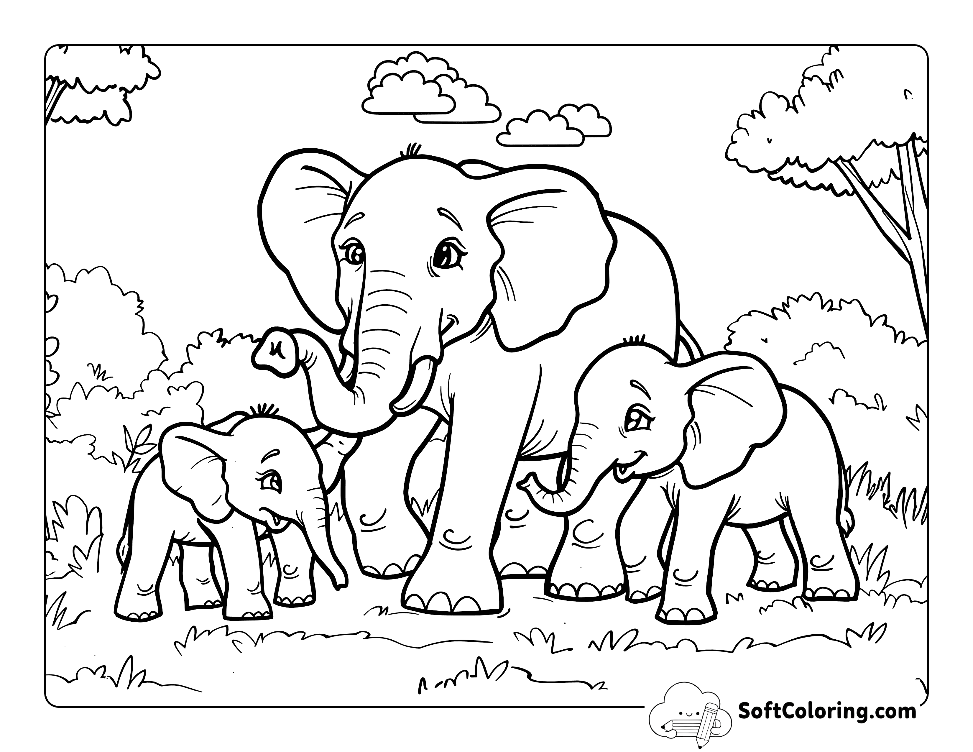 Easy Elephant Family Coloring Page Printable