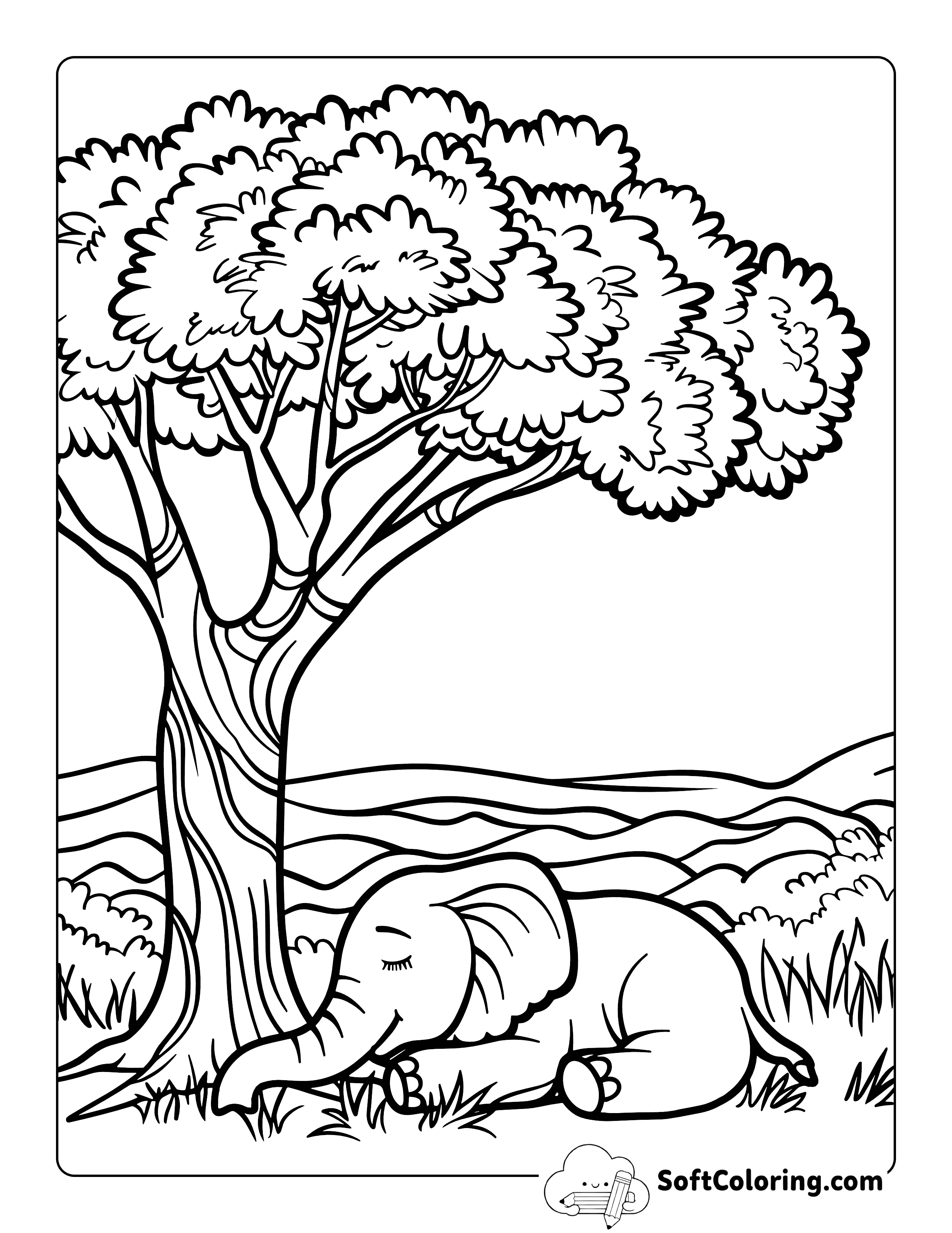 Cute Elephant Napping Below Tree Easy Coloring Page for Kids