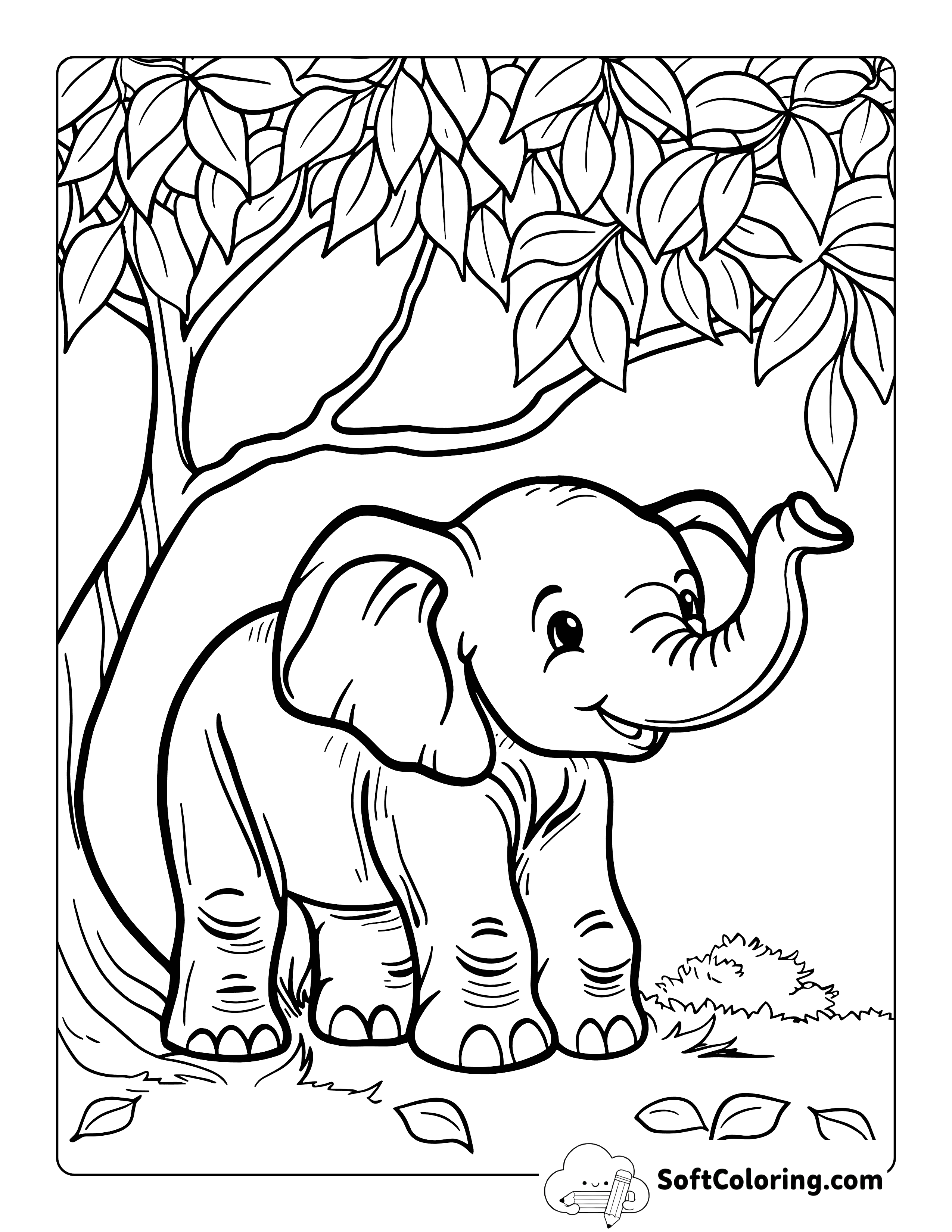 Elephant in Shade Coloring Page Printable