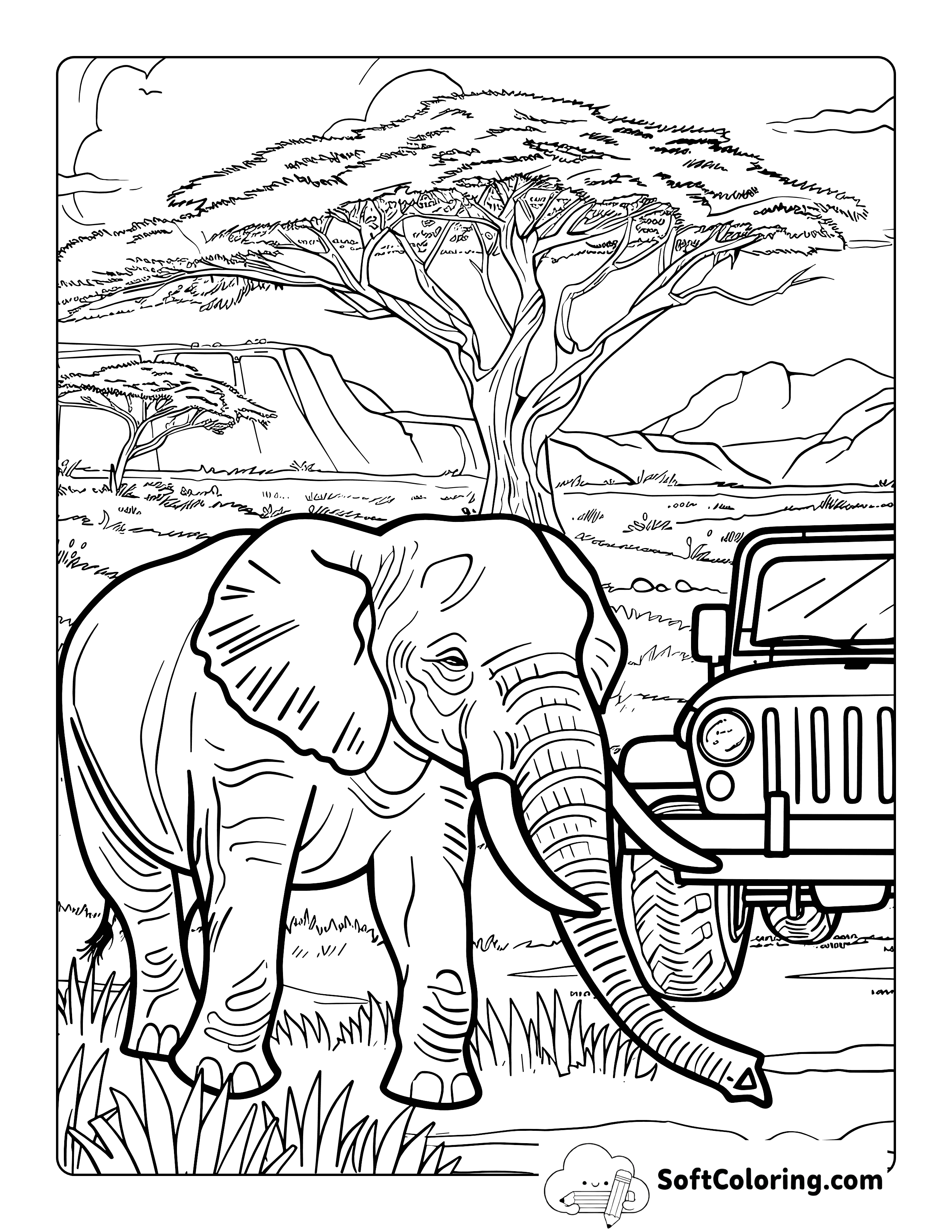 Realistic Elephant and Jeep Safari Coloring Page