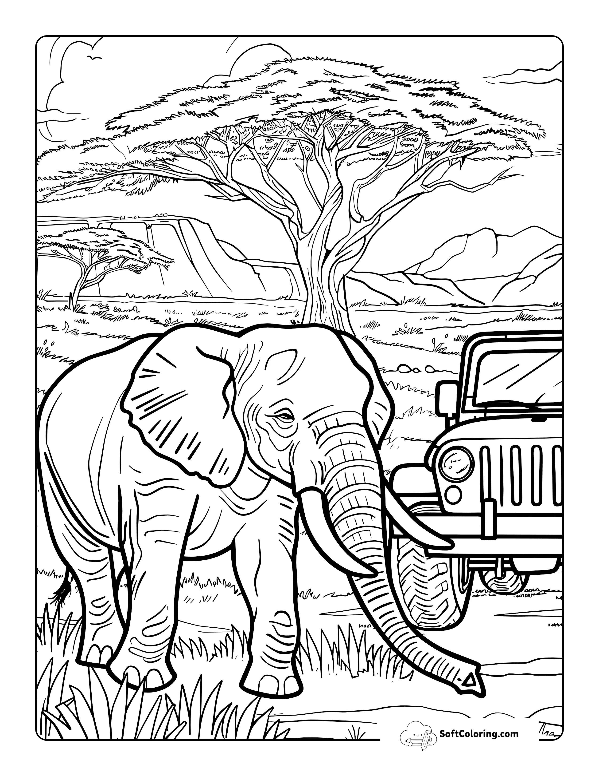 Realistic Elephant And Jeep Safari Coloring Page